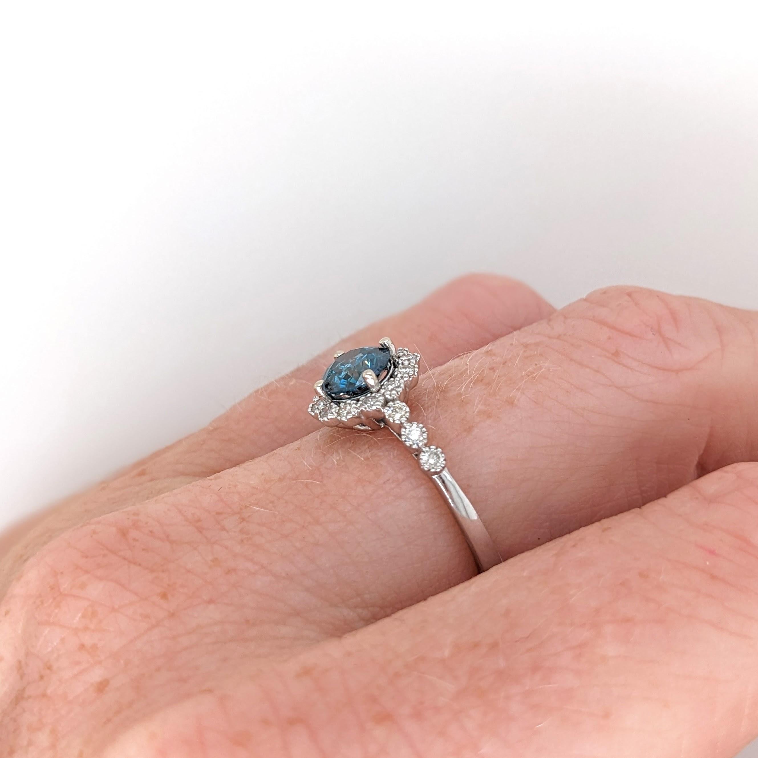 Modern Vintage Style Blue Diamond Ring w Earth Mined Diamonds in Solid 14K White Gold For Sale