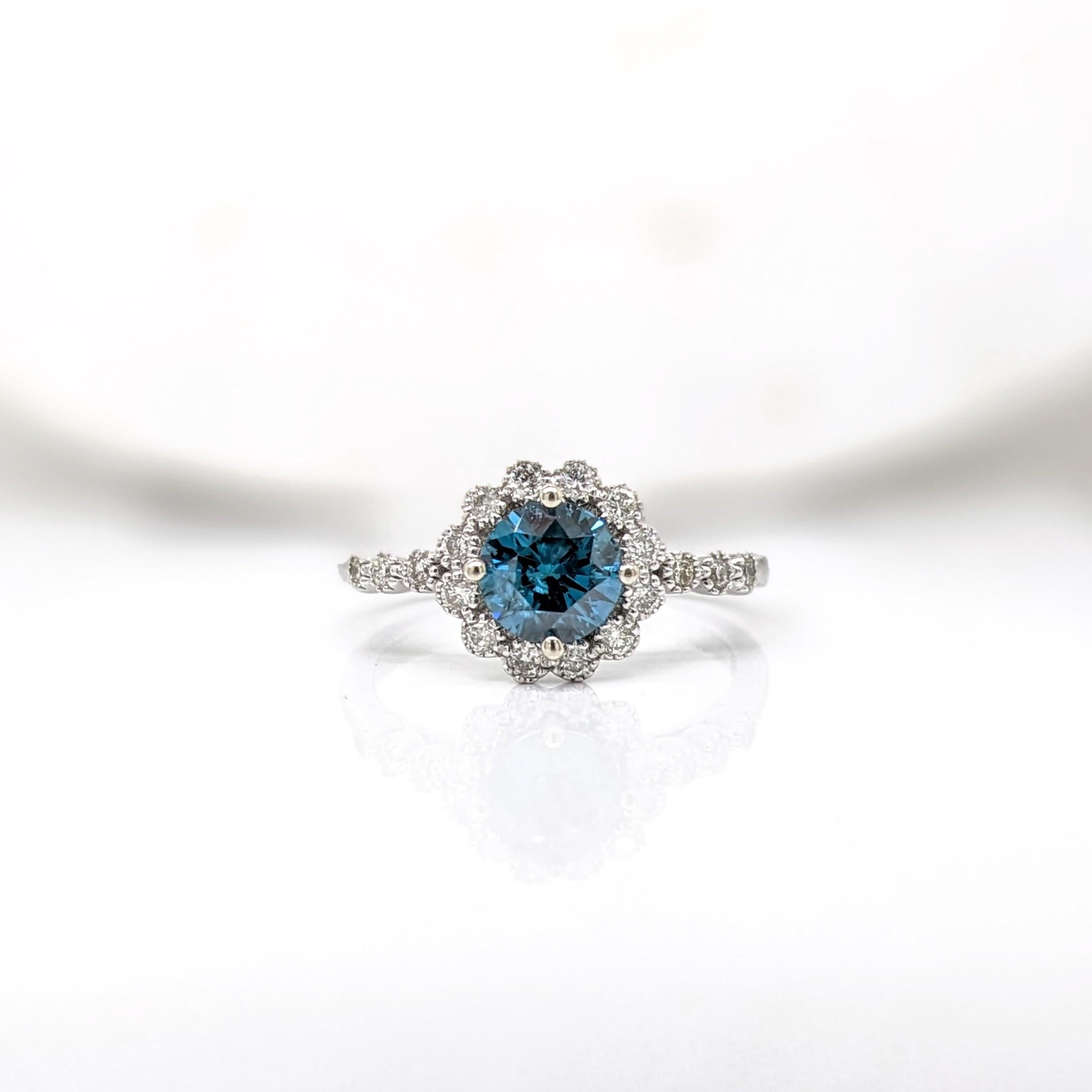 Round Cut Vintage Style Blue Diamond Ring w Earth Mined Diamonds in Solid 14K White Gold For Sale