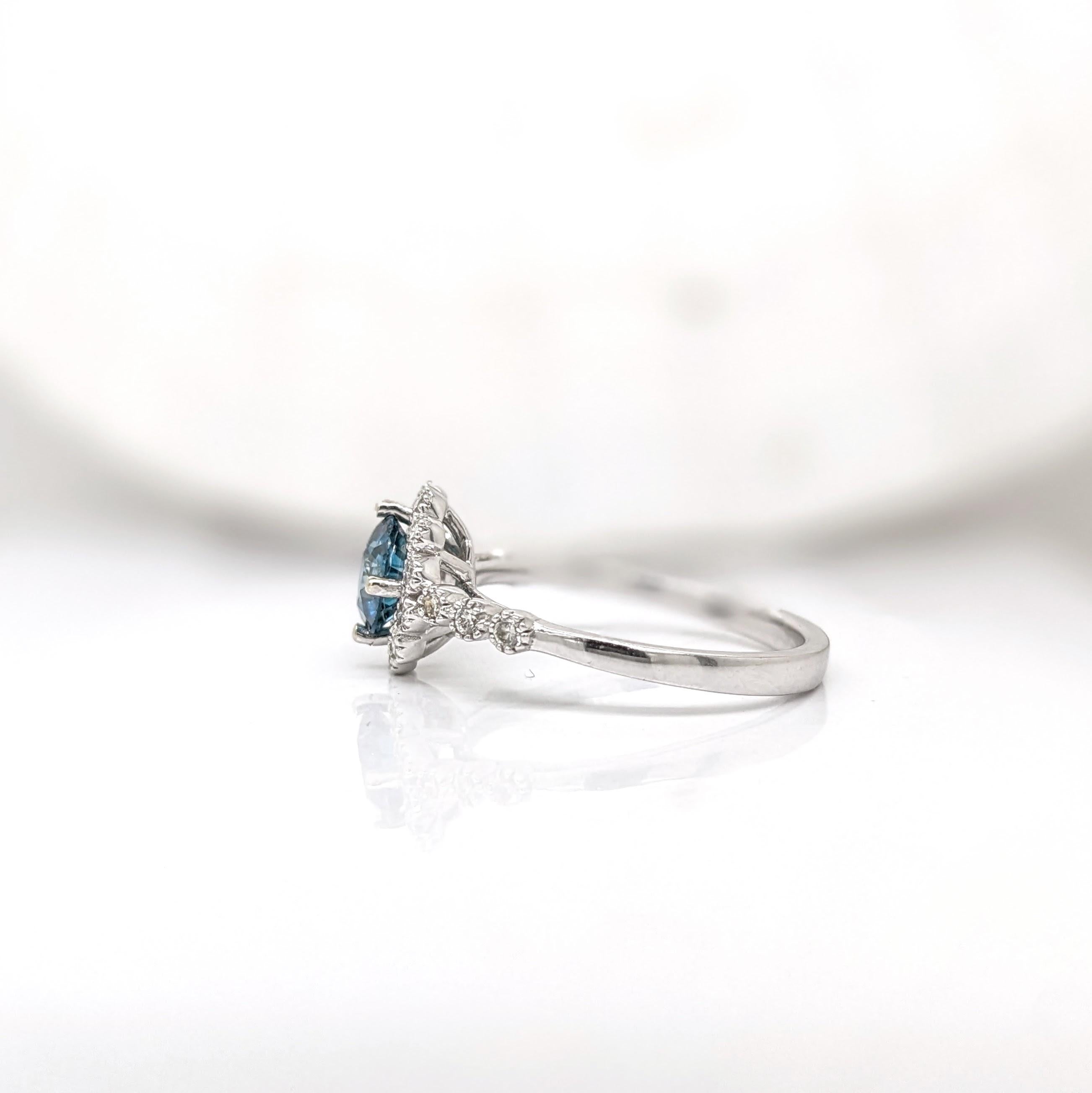 Women's Vintage Style Blue Diamond Ring w Earth Mined Diamonds in Solid 14K White Gold For Sale
