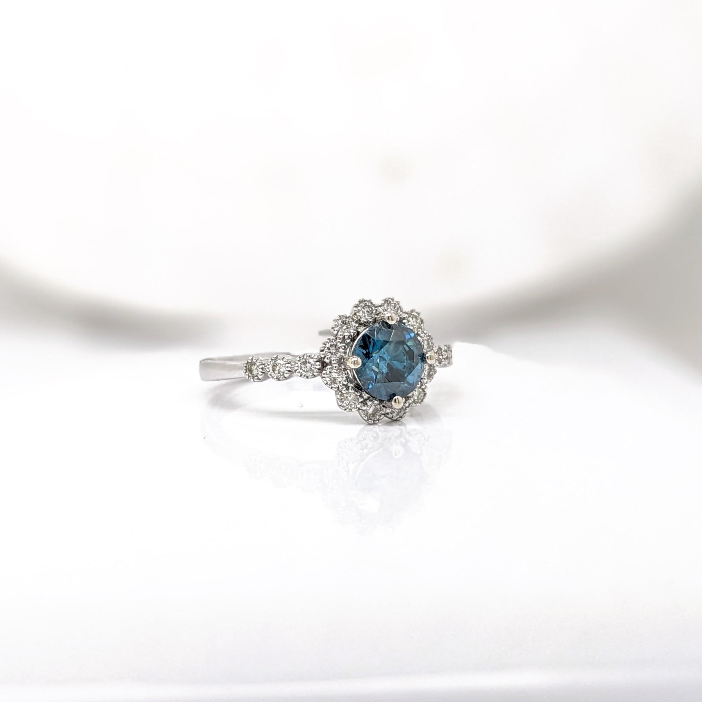 Vintage Style Blue Diamond Ring w Earth Mined Diamonds in Solid 14K White Gold For Sale 2