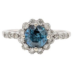 Blauer Diamantring im Vintage-Stil aus massivem 14 Karat Weißgold mit erdfarbenen Diamanten im Vintage-Stil
