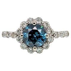 Vintage Style Blue Diamond Ring with Natural Diamond Accents: Solid 14K Gold