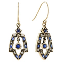 Vintage Style Blue Sapphire and Diamond Dangle Earrings in 9K Yellow Gold