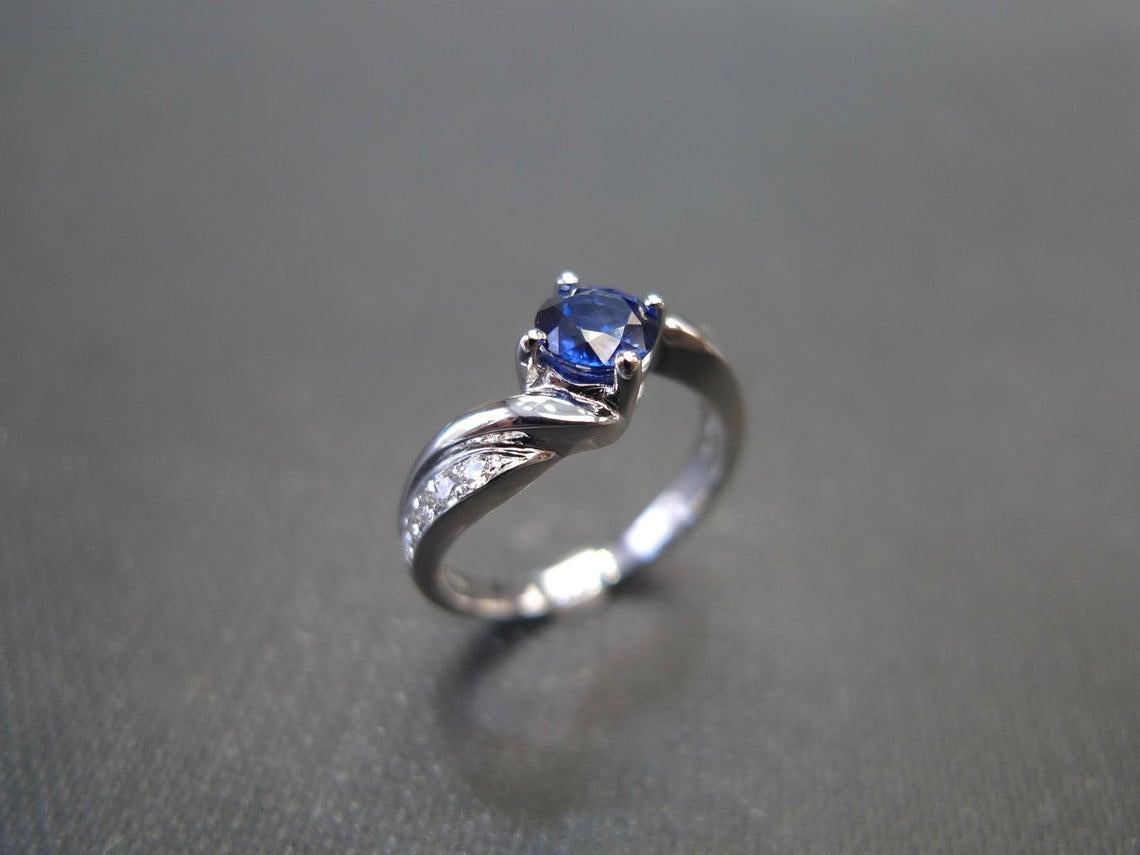 For Sale:  Vintage Style Blue Sapphire and Diamond Engagement Ring in 18K White Gold 2
