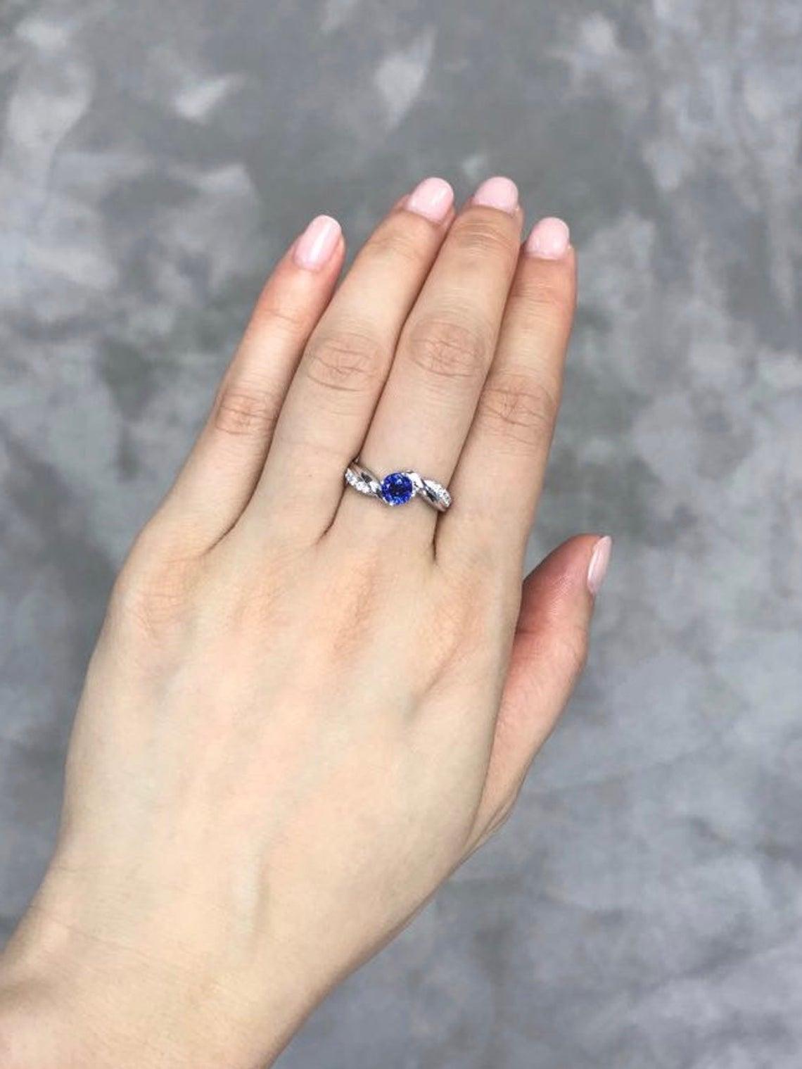 For Sale:  Vintage Style Blue Sapphire and Diamond Engagement Ring in 18K White Gold 3