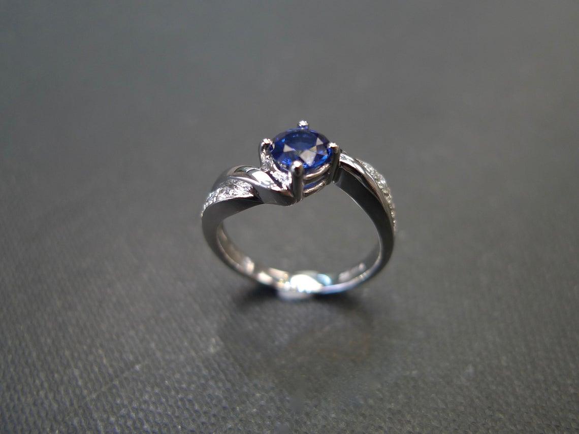 For Sale:  Vintage Style Blue Sapphire and Diamond Engagement Ring in 18K White Gold 7