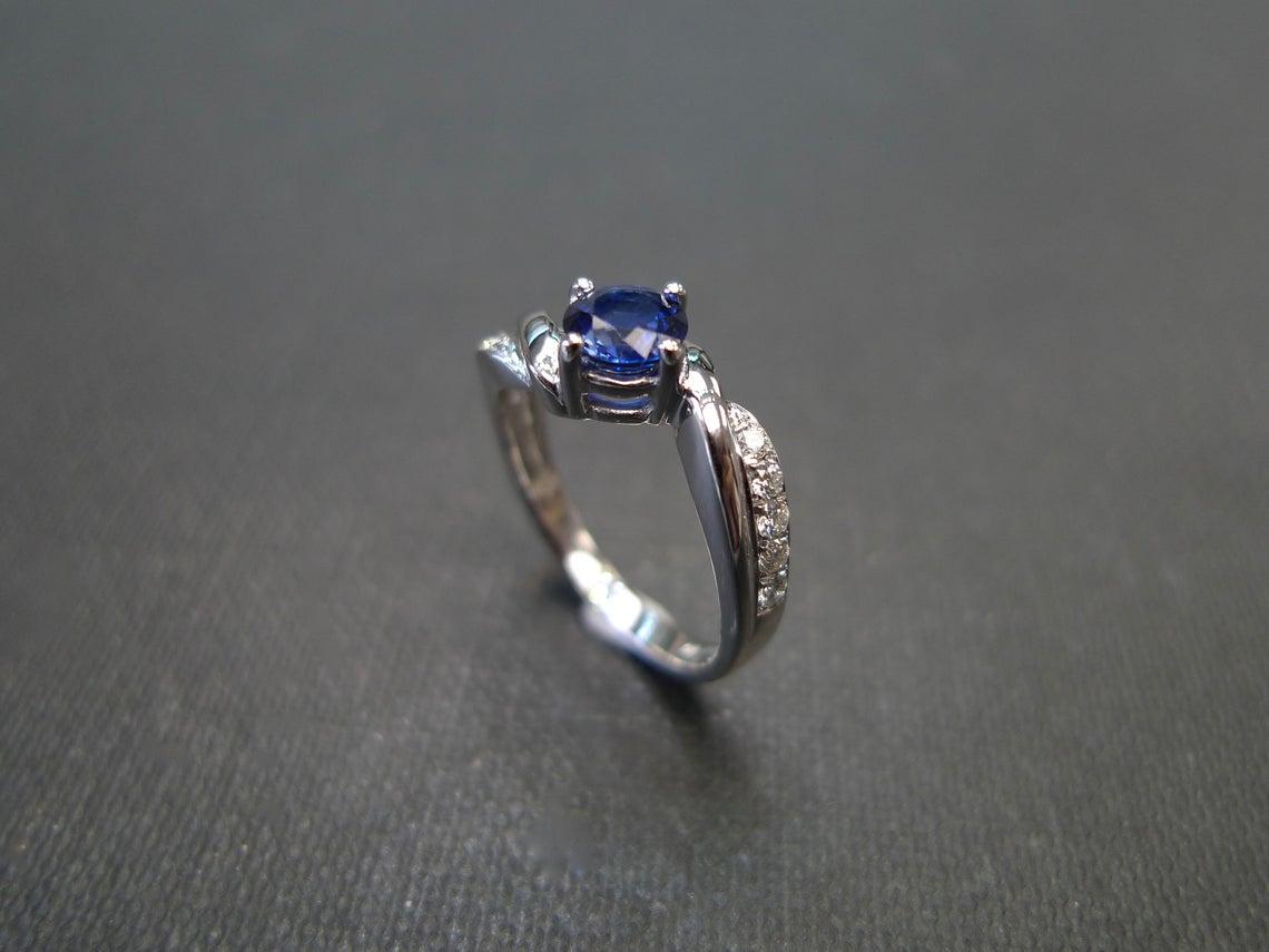 For Sale:  Vintage Style Blue Sapphire and Diamond Engagement Ring in 18K White Gold 8
