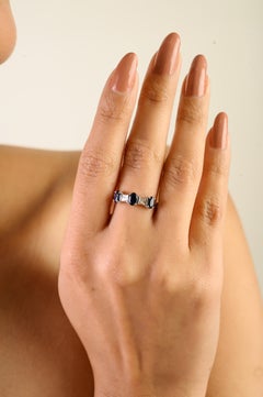 Vintage Style Blue Sapphire and Diamond Three Stone Ring in 14K White Gold