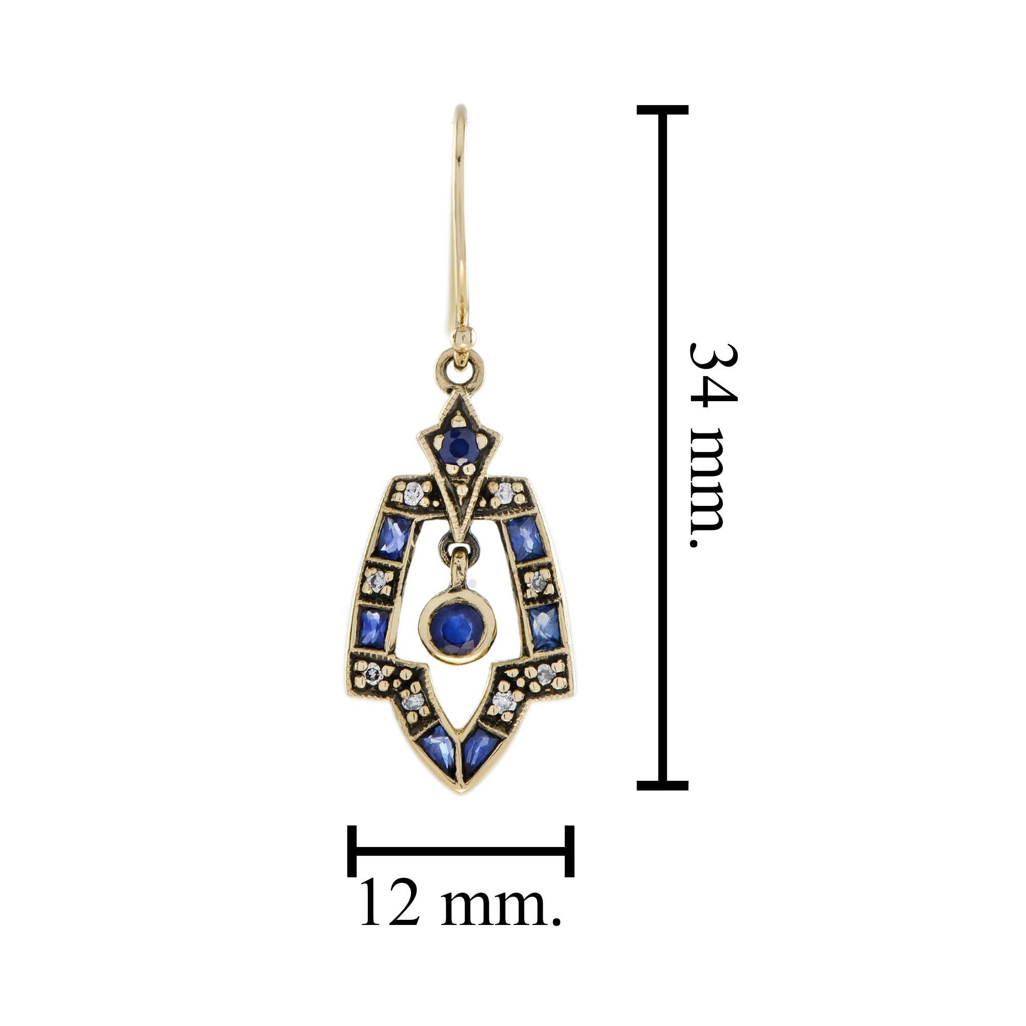 Vintage Style Blue Sapphire & Diamond Dangle 9K Gold Dangle Drop Earrings Damen im Angebot