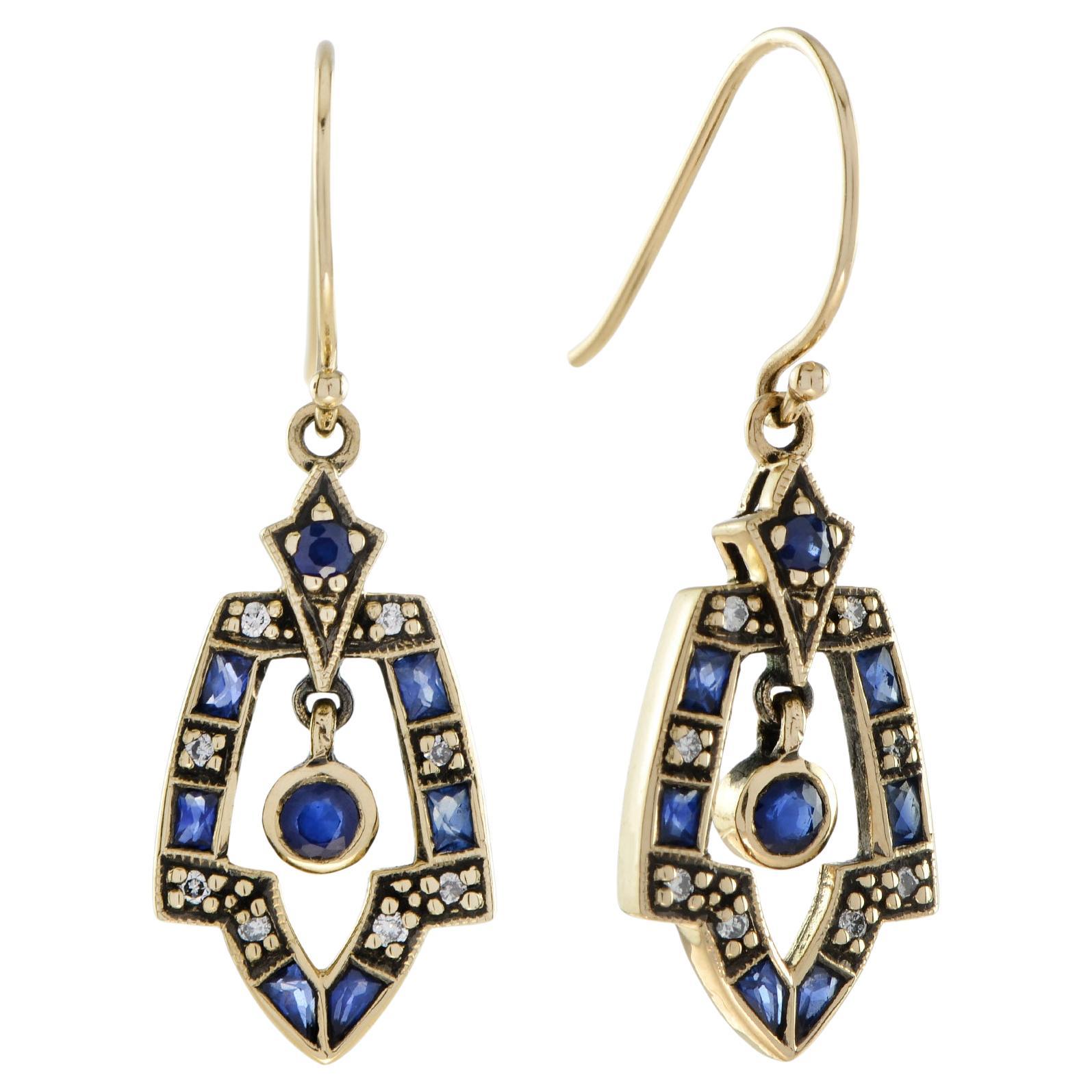 Vintage Style Blue Sapphire & Diamond Dangle 9K Gold Dangle Drop Earrings
