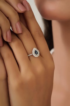 Vintage Style Blue Sapphire & Diamond Halo Engagement Ring in 18K White Gold