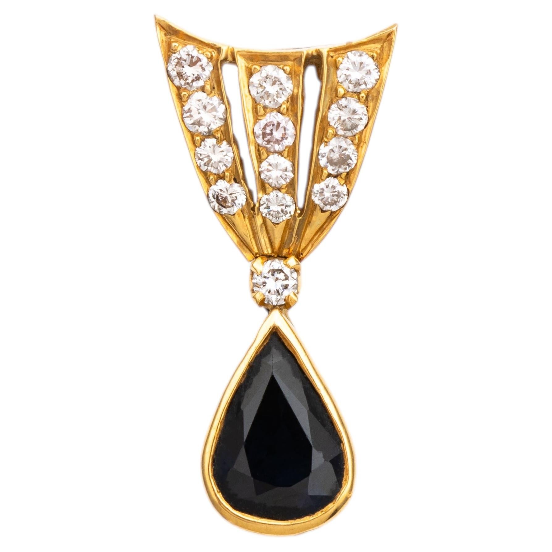 Ciondolo pendente in stile vintage con zaffiro blu e diamanti a forma di pera, in oro giallo 18 carati