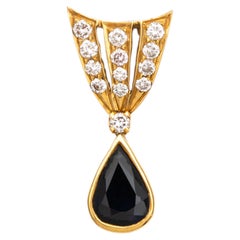 Ciondolo pendente in stile vintage con zaffiro blu e diamanti a forma di pera, in oro giallo 18 carati