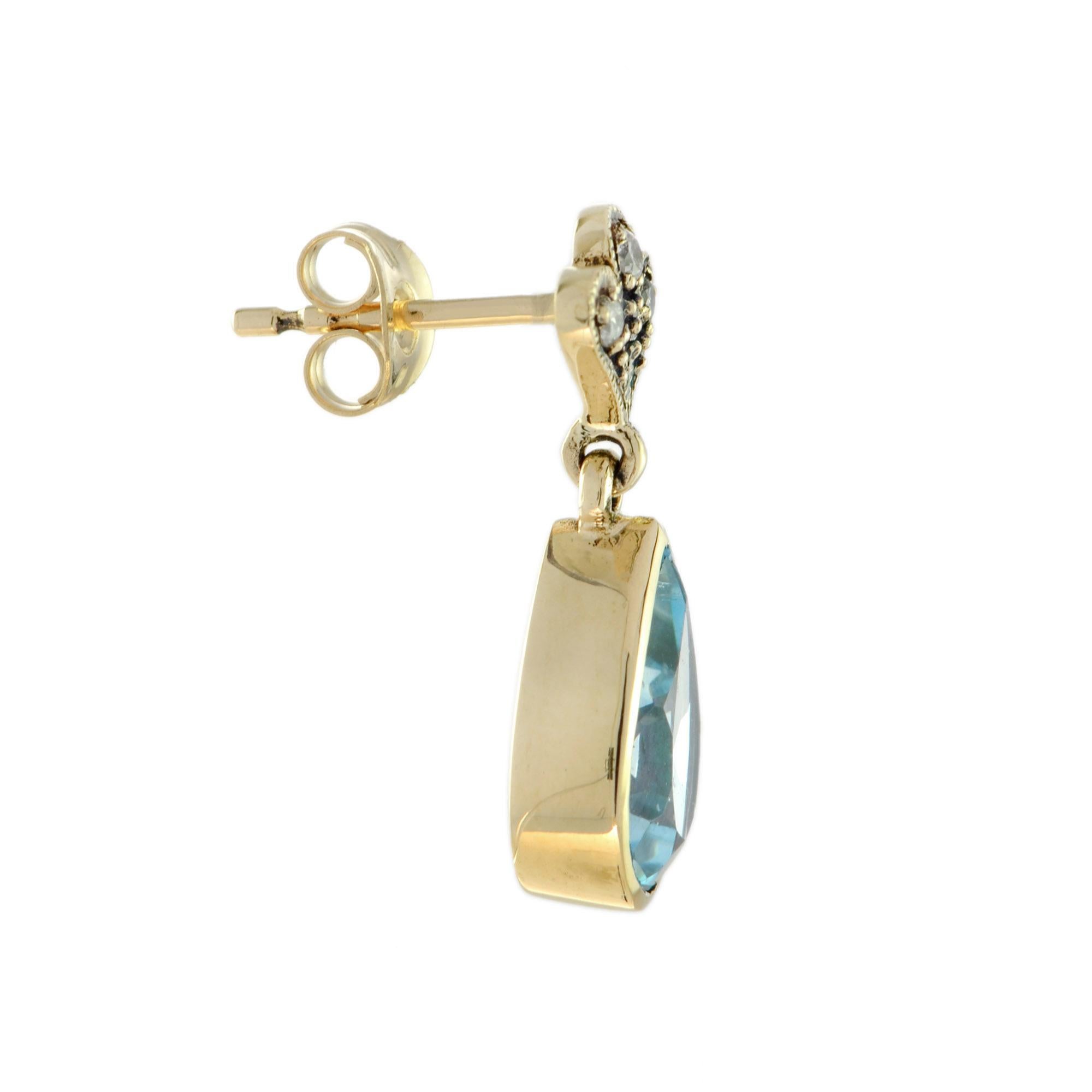A pair of blue topaz, pear drop shaped dangle earrings. A charismatic way to enhance every ensemble.

Information
Metal: 9K Yellow Gold
Width: 8 mm.
Length: 20 mm.
Weight: 3.48 g. (approx. in total)
Backing: Push Back

Center Gemstones
Type: Blue