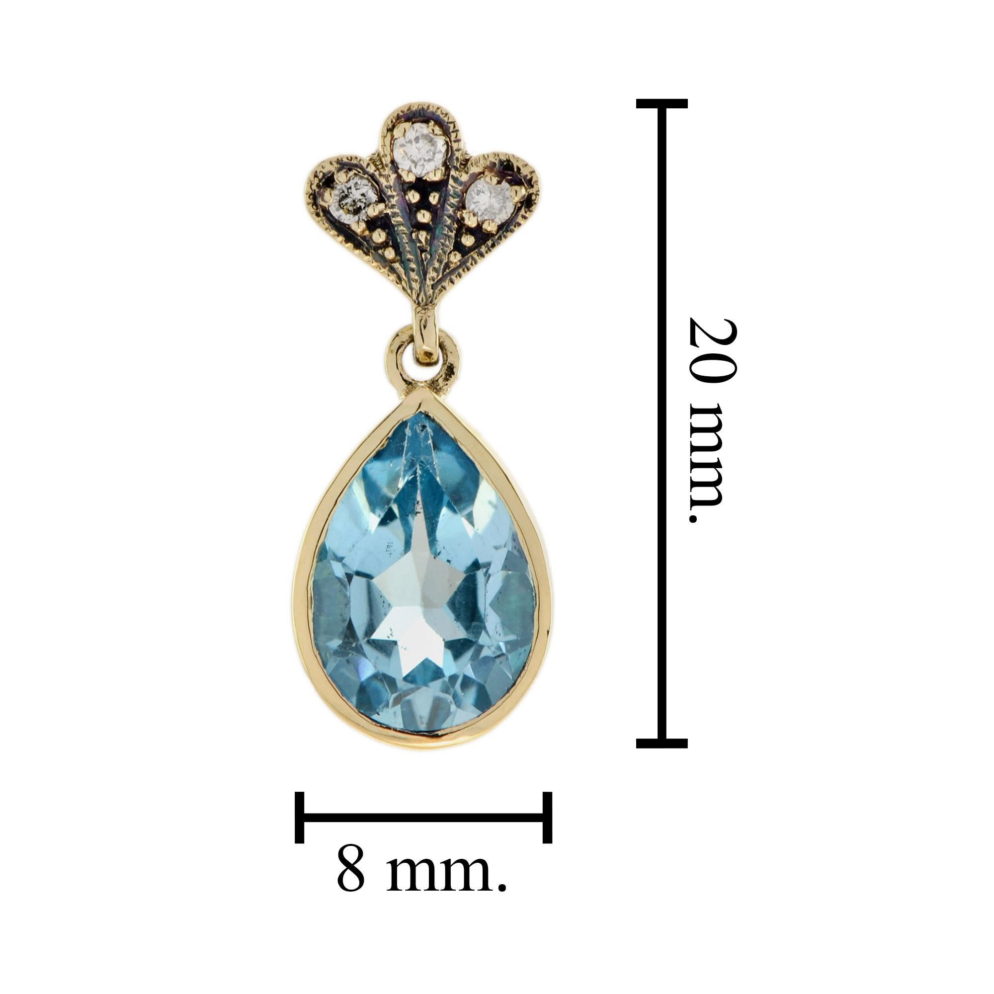 Vintage Style Blue Topaz and Diamond Drop Earrings in 9k Yellow Gold In New Condition For Sale In Bangkok, TH