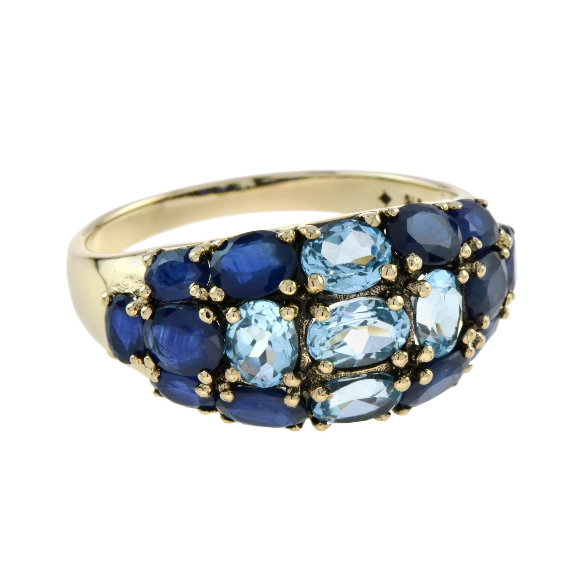 Make a dazzling statement with the duo gemstone ring. Crafted from 14k gold, enhanced with black rhodium plating, it is punctuated with sky blue topaz and sapphire to bring vibrant shine. This ring is the perfect gift for loved one for any