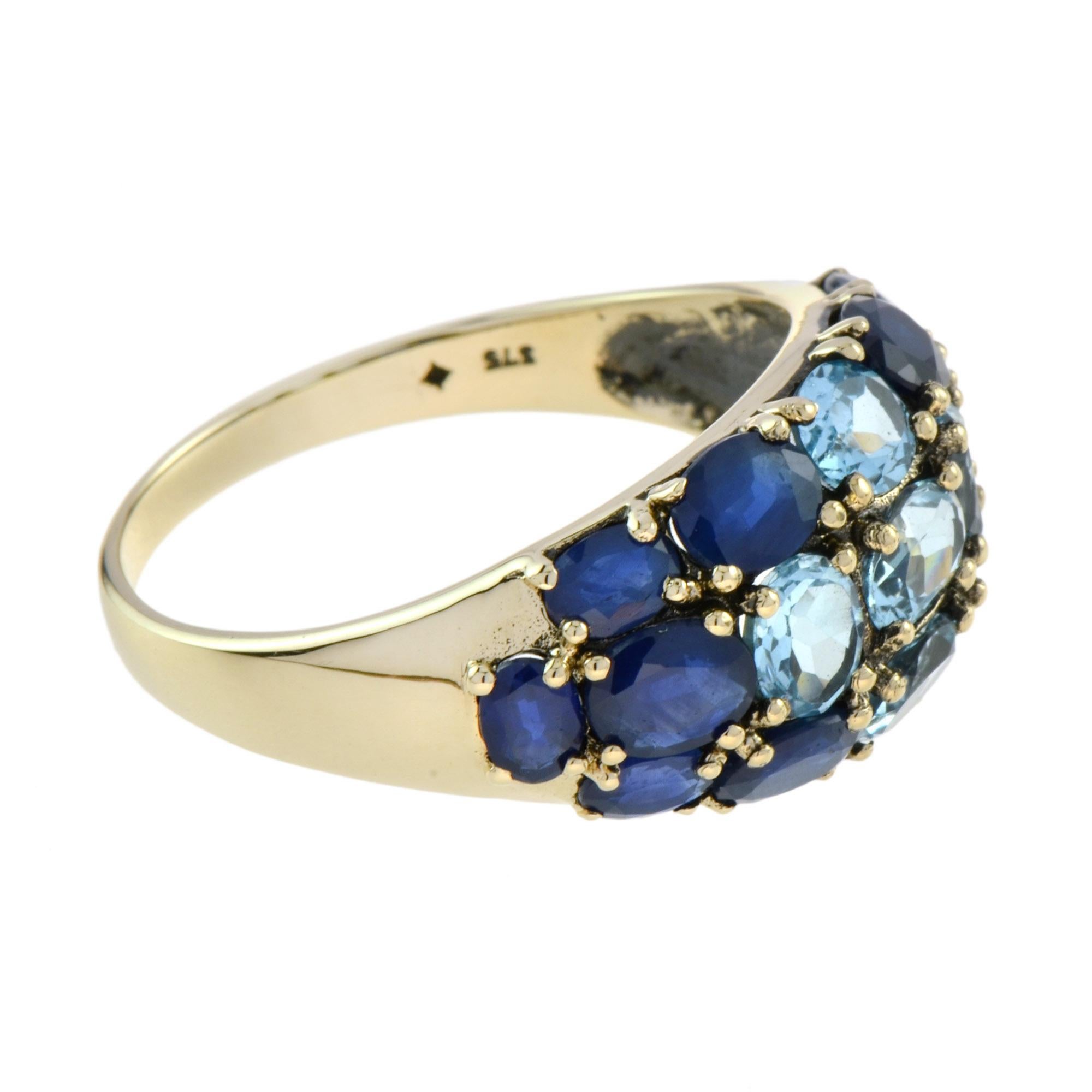 Oval Cut Vintage Style Blue Topaz & Blue Sapphire Cocktail 14K Yellow Gold Cluster Ring For Sale