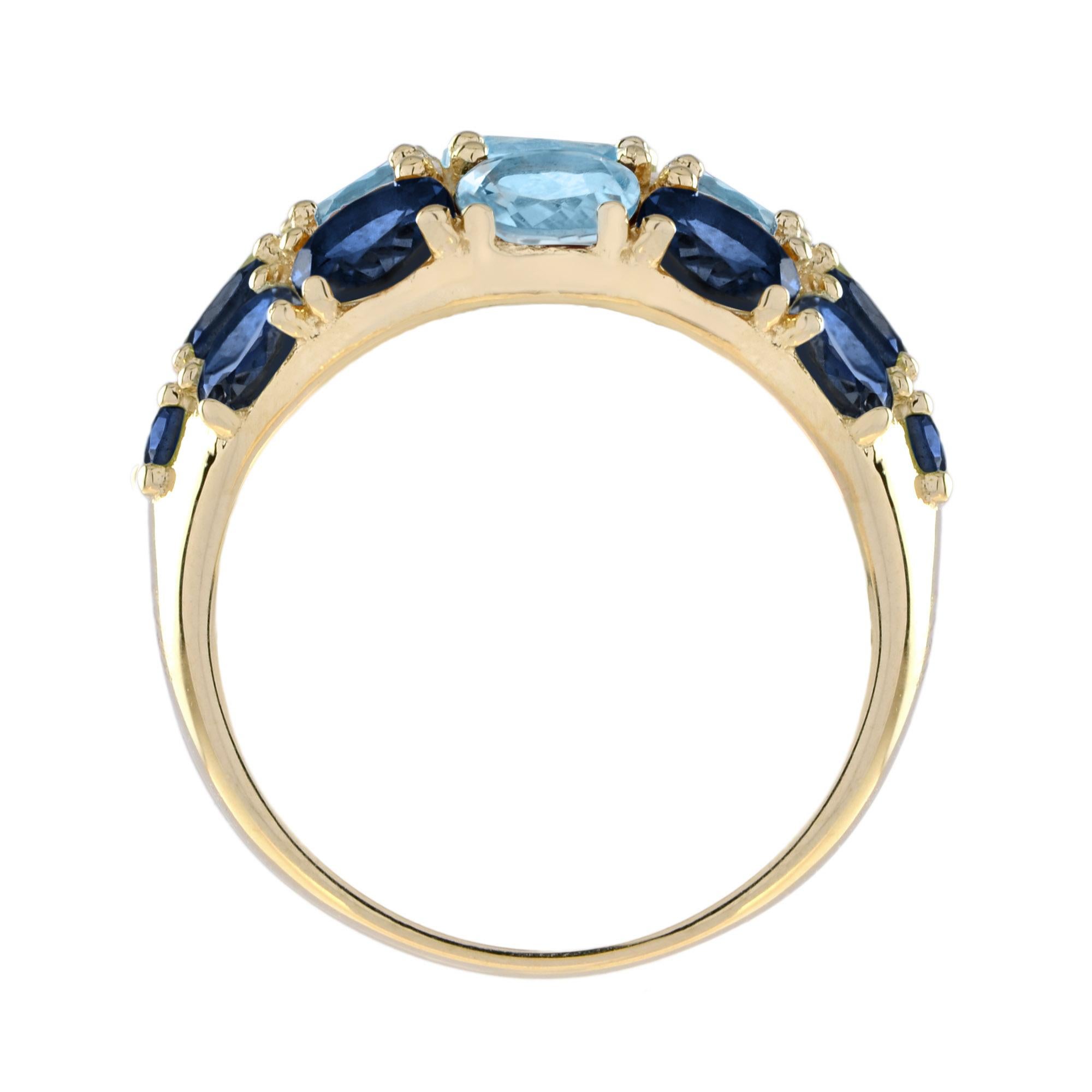 Vintage Style Blue Topaz & Blue Sapphire Cocktail 14K Yellow Gold Cluster Ring In New Condition For Sale In Oakton, VA