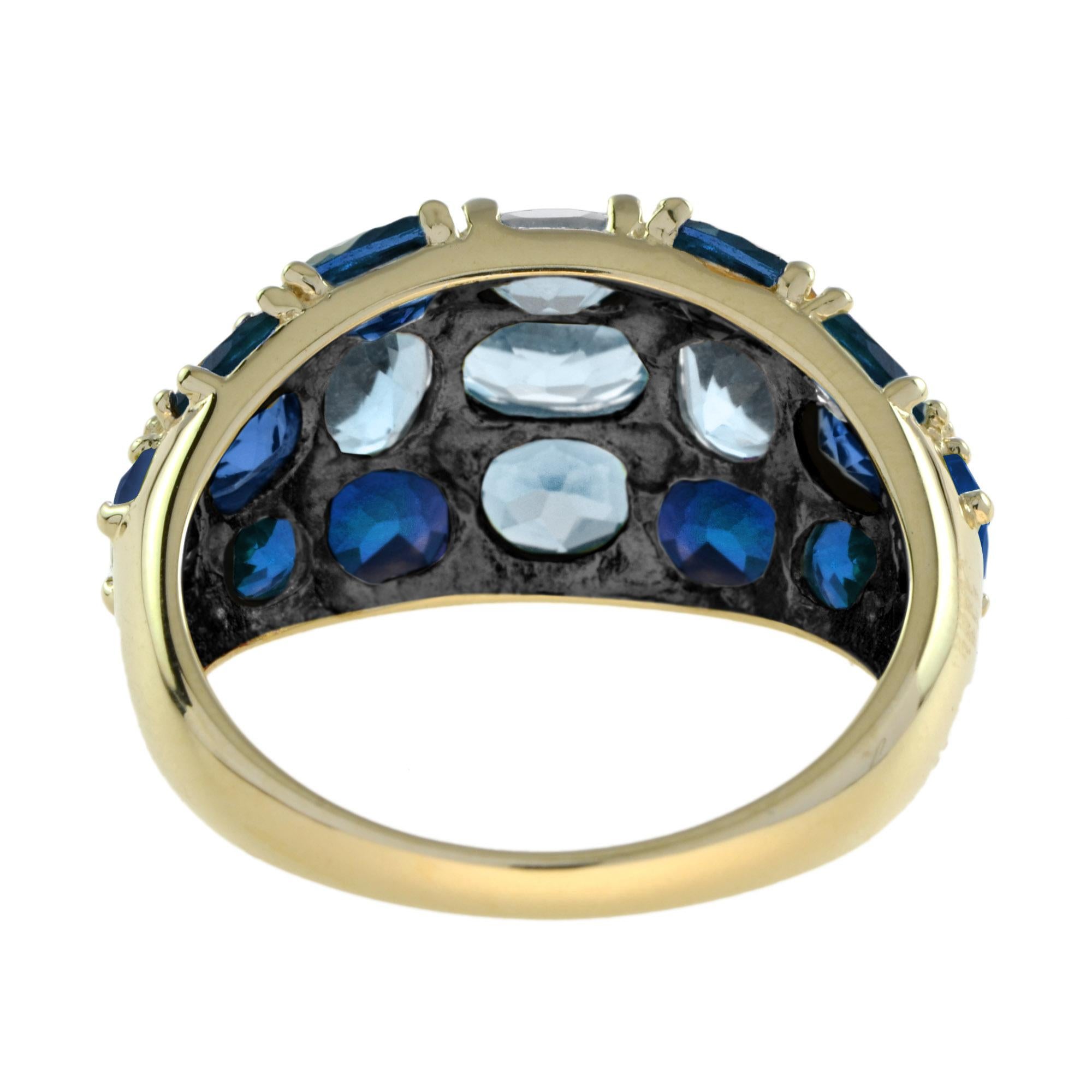 Women's Vintage Style Blue Topaz & Blue Sapphire Cocktail 14K Yellow Gold Cluster Ring For Sale