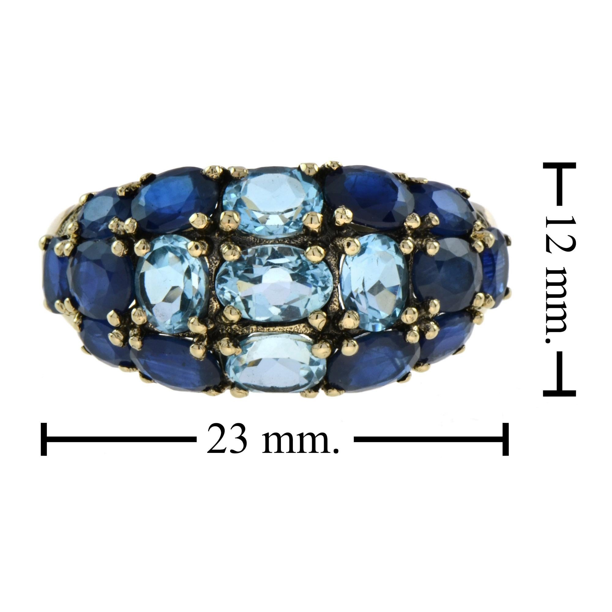 Vintage Style Blue Topaz & Blue Sapphire Cocktail 14K Yellow Gold Cluster Ring For Sale 1