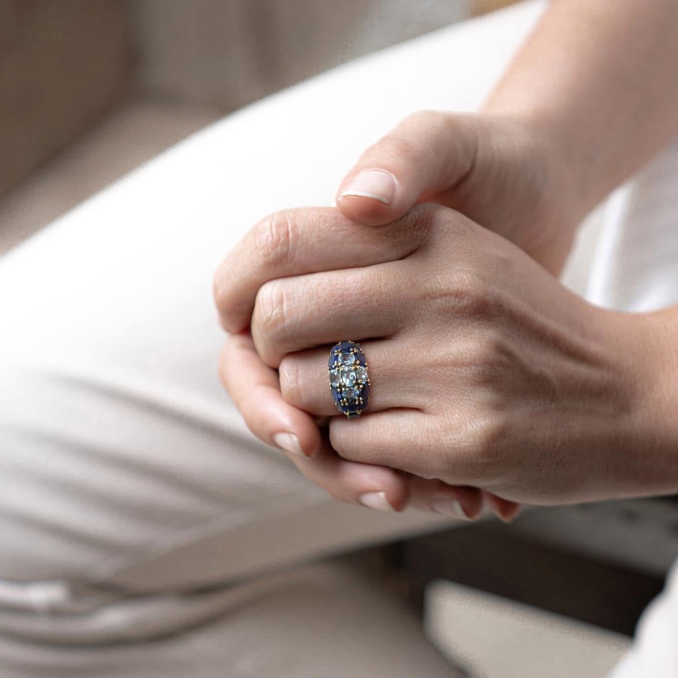 Vintage Style Blue Topaz & Blue Sapphire Cocktail 14K Yellow Gold Cluster Ring For Sale 3