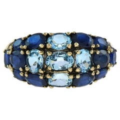 Vintage Style Blue Topaz & Blue Sapphire Cocktail 14K Yellow Gold Cluster Ring