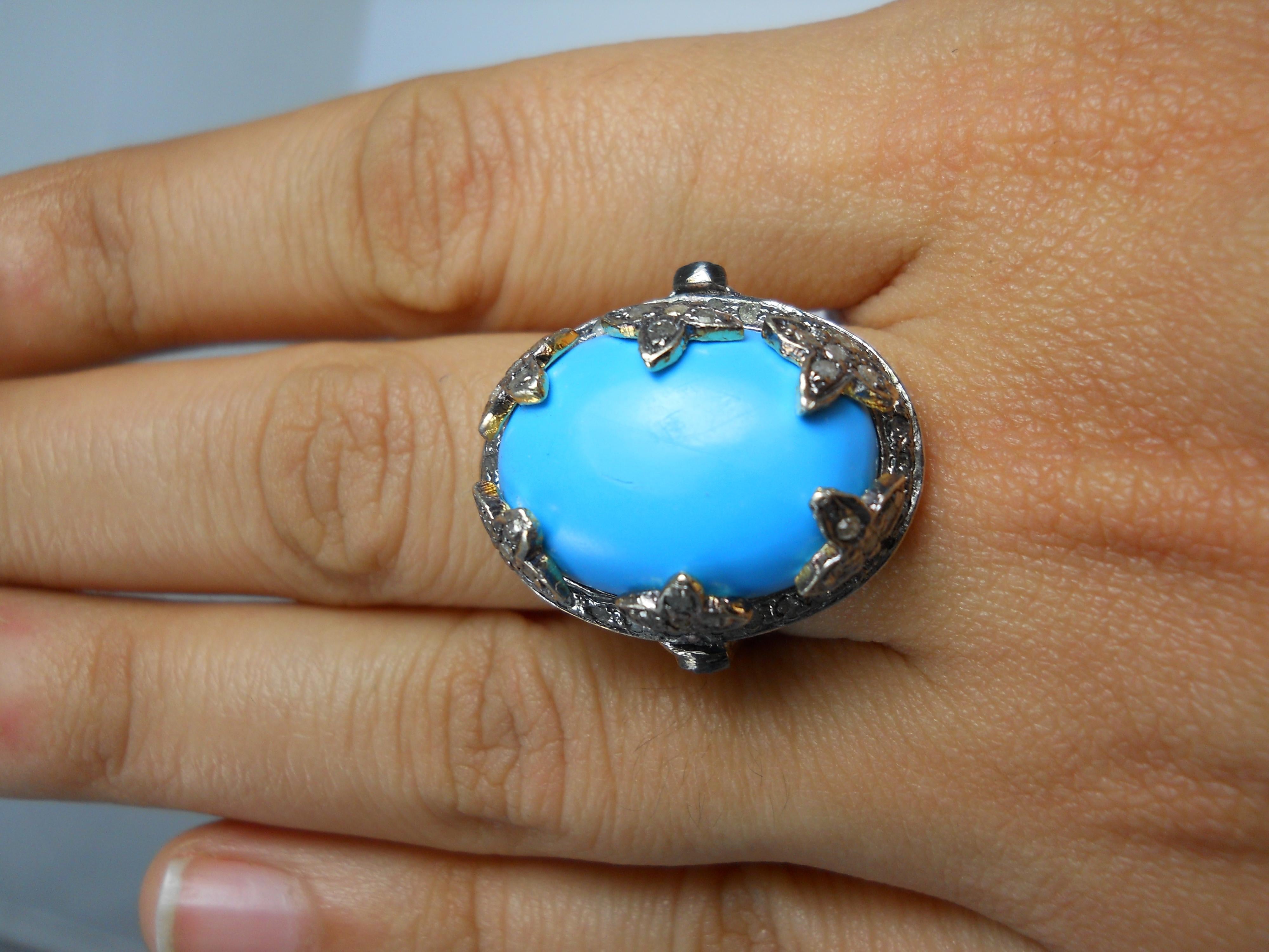 Artigiano Anello con diamanti taglio rosa marrone e turchese in stile vintage in vendita