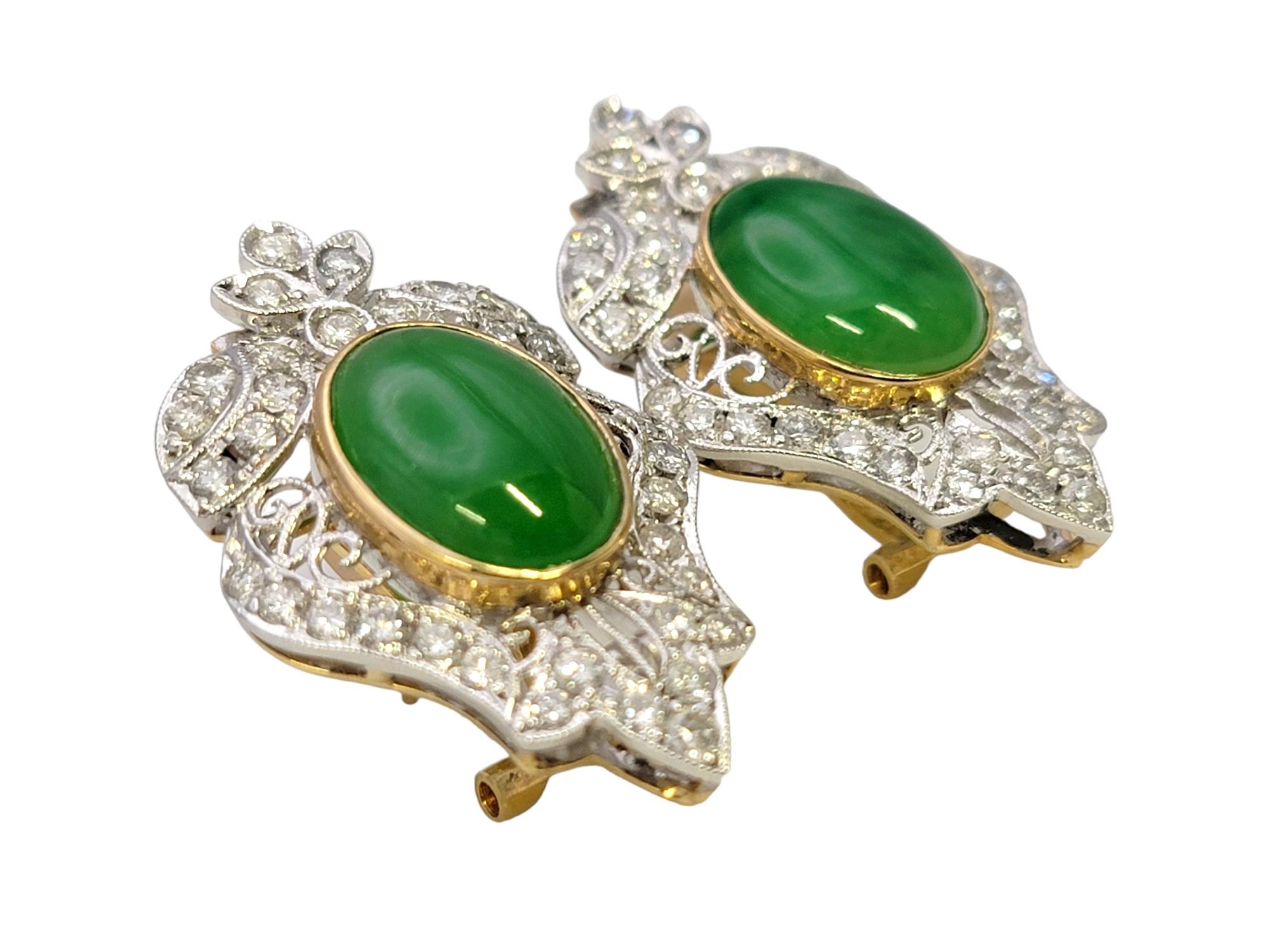 Intricately designed jade and diamond earrings with a gorgeous, Old World inspired design. These substantial studs sparkle beautifully in the light while the bright green jade radiates among the elaborate setting. 

These stunning earrings each