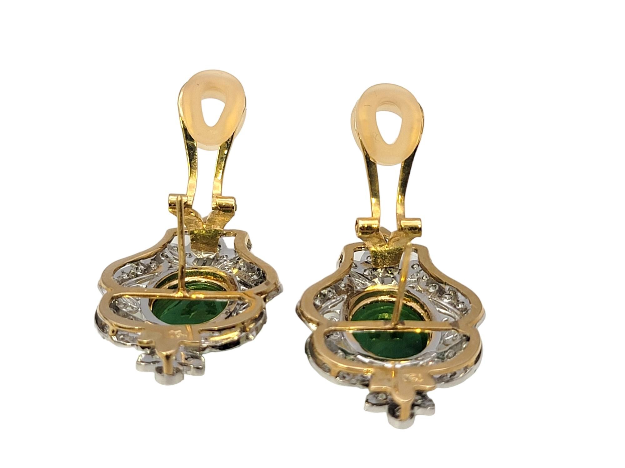 Women's Vintage Style Cabochon Jade and Pave Diamond Pierced Earrings in 18 Karat Gold For Sale