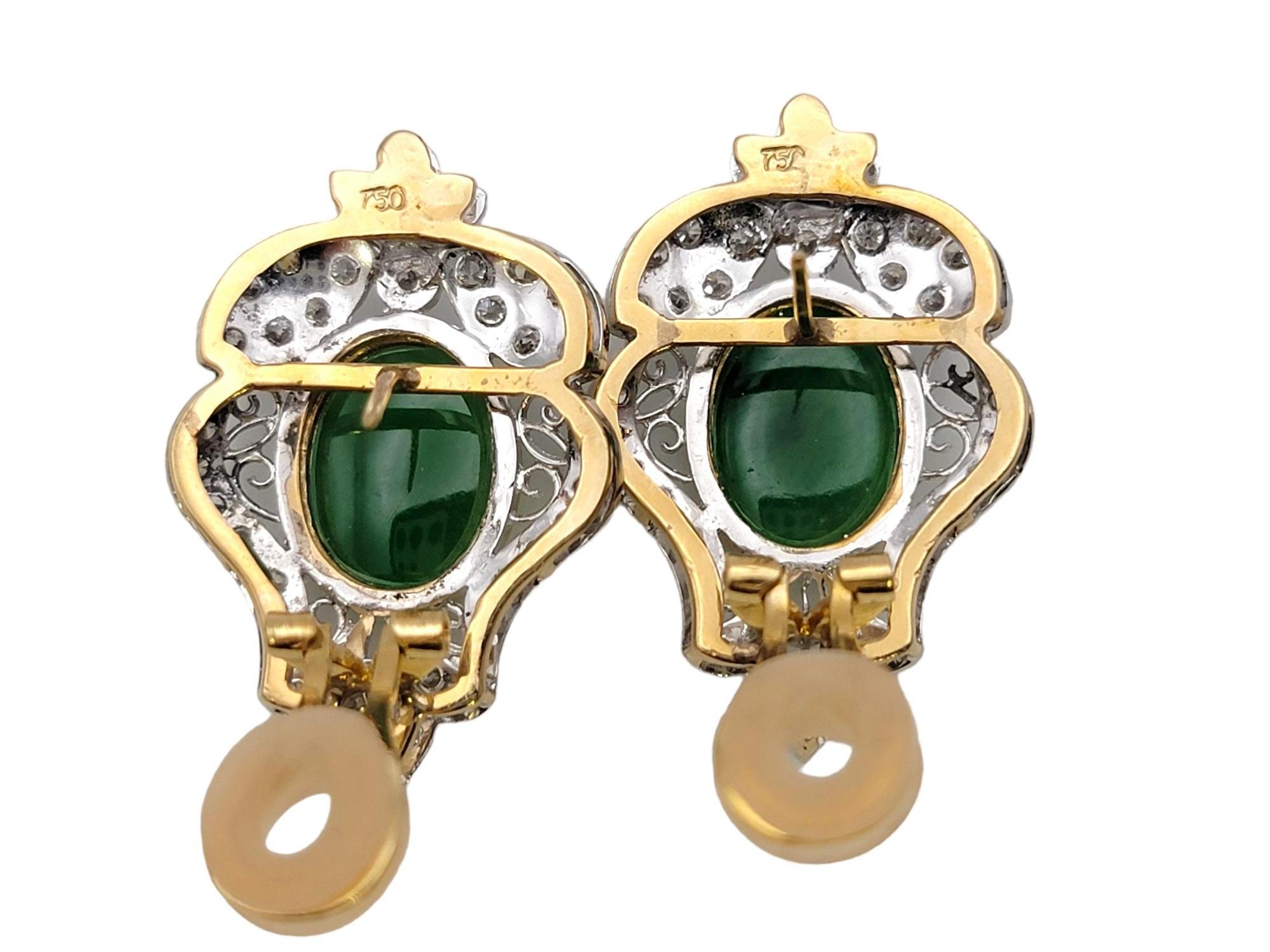 Vintage Style Cabochon Jade and Pave Diamond Pierced Earrings in 18 Karat Gold For Sale 1