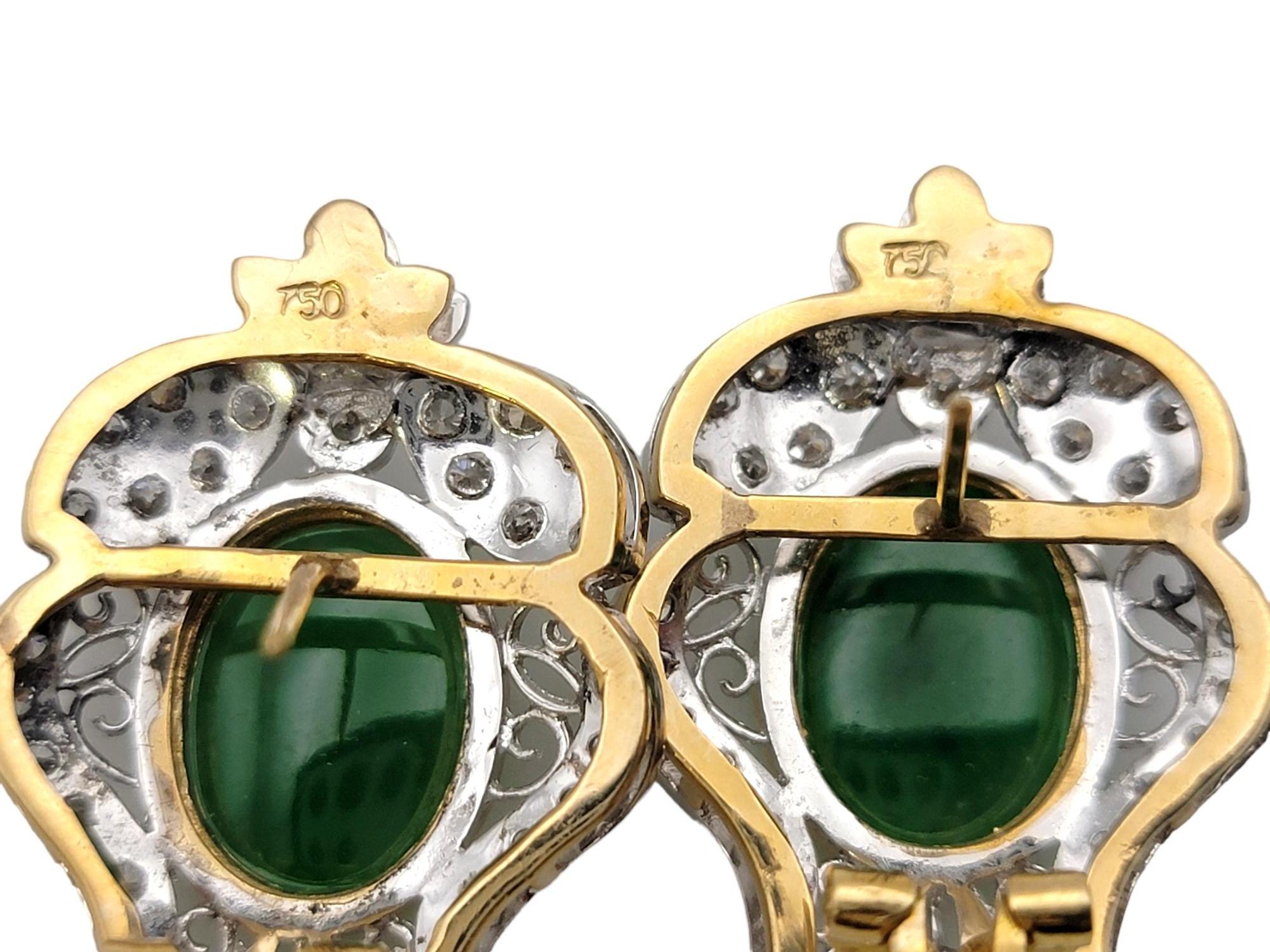 Vintage Style Cabochon Jade and Pave Diamond Pierced Earrings in 18 Karat Gold For Sale 2