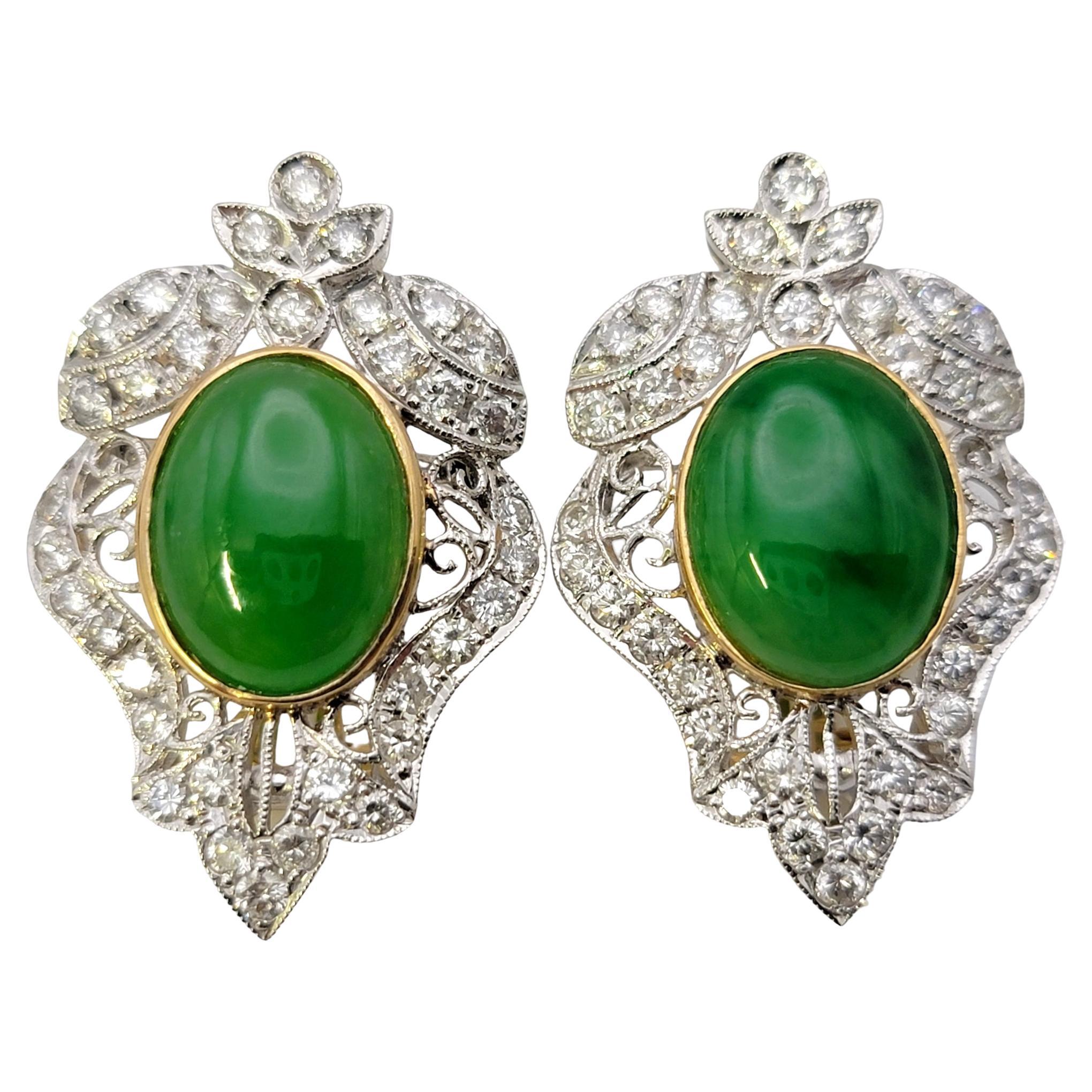 Vintage Style Cabochon Jade and Pave Diamond Pierced Earrings in 18 Karat Gold For Sale