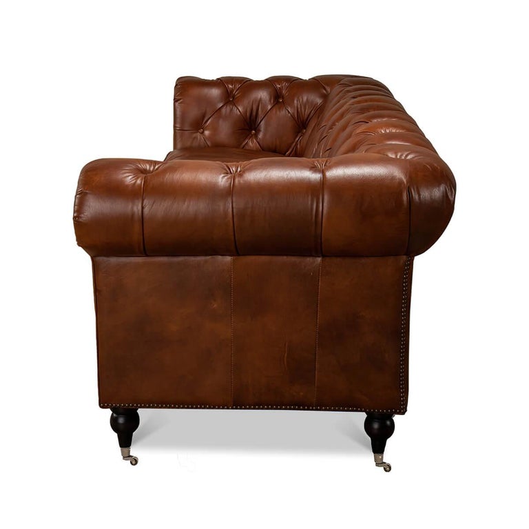 European Vintage Style Classic Chesterfield Sofa, Brown Leather For Sale