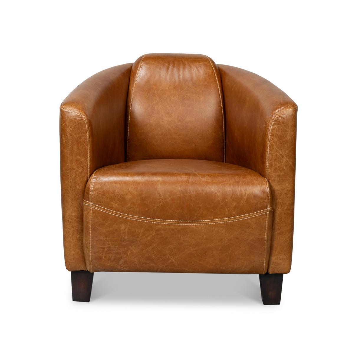 Crafted of luxurious top grain leather in warm brown color, this stylish and comfortable chair is perfect for your den, library, or living room.

Color variation is common and acceptable on vintage leather. 

Dimensions: 28