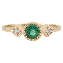 Vintage Style zierliche Runde Smaragd Trilogie Ring mit Diamanten in 14K Gelbgold