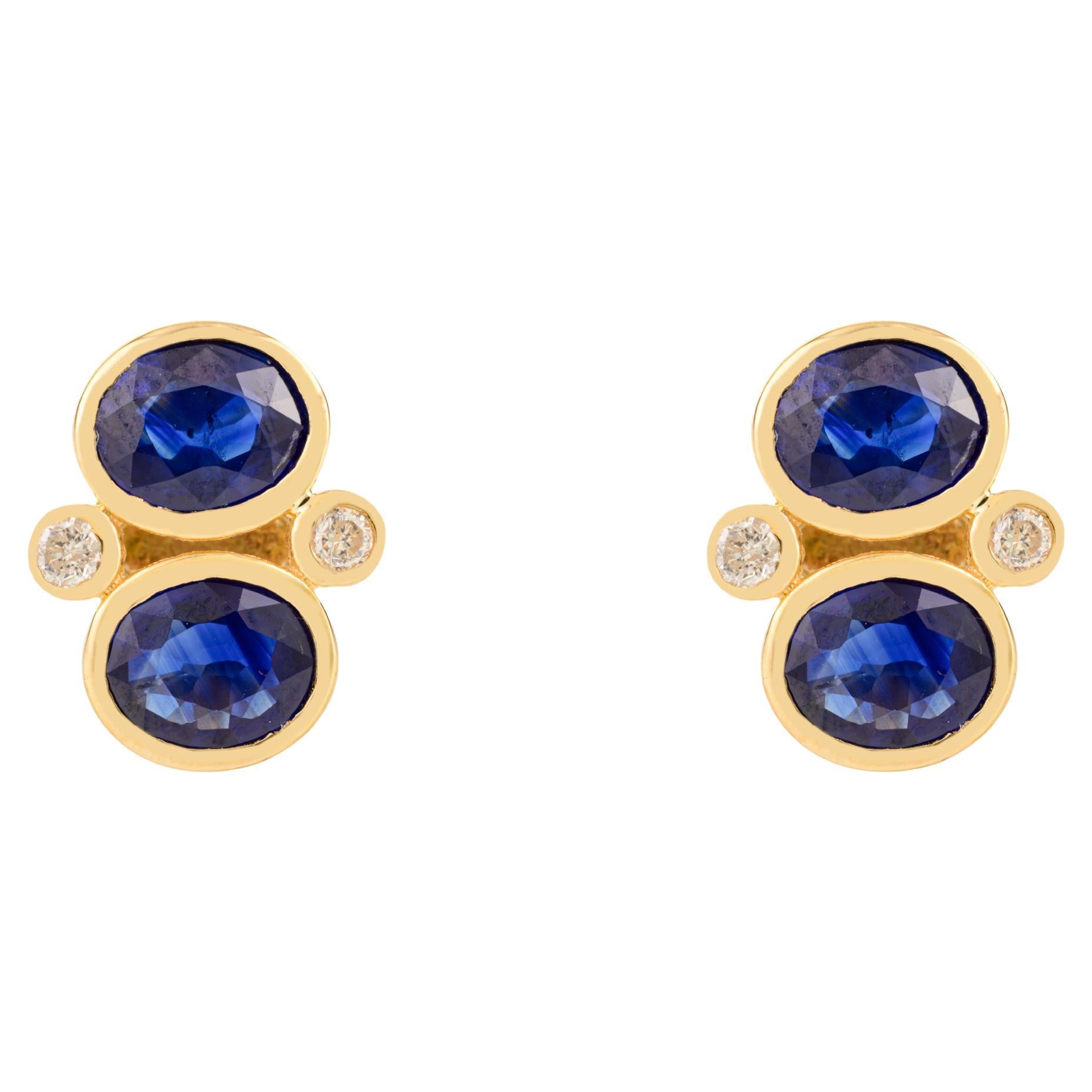 Vintage Style Deep Blue Sapphire & Diamond Stud Earrings in 14kt Yellow Gold