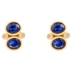 Vintage Style Deep Blue Sapphire & Diamond Stud Earrings in 14kt Yellow Gold