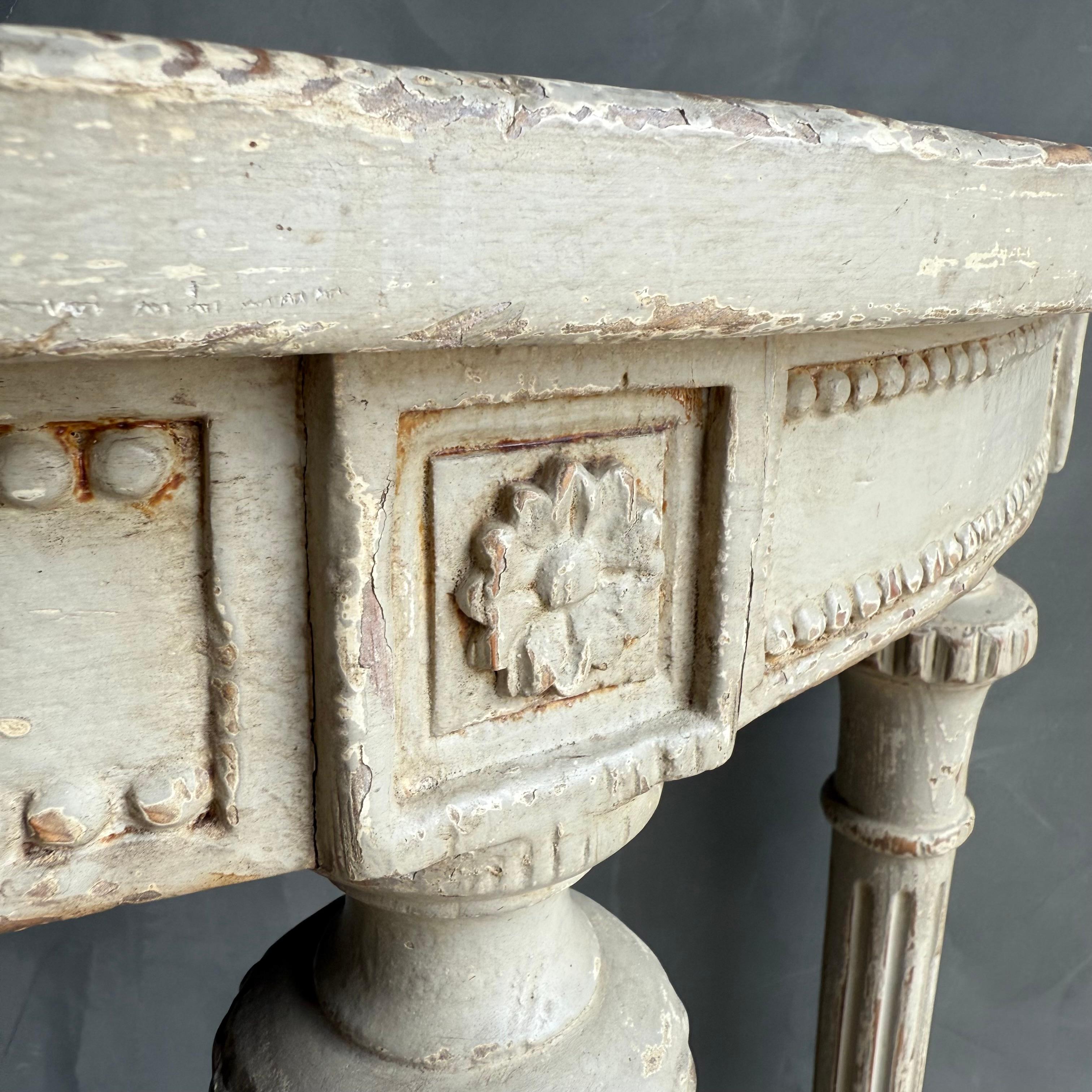 Vintage Style Demi Console With Carvings and Distressed Painted Finish For Sale 6