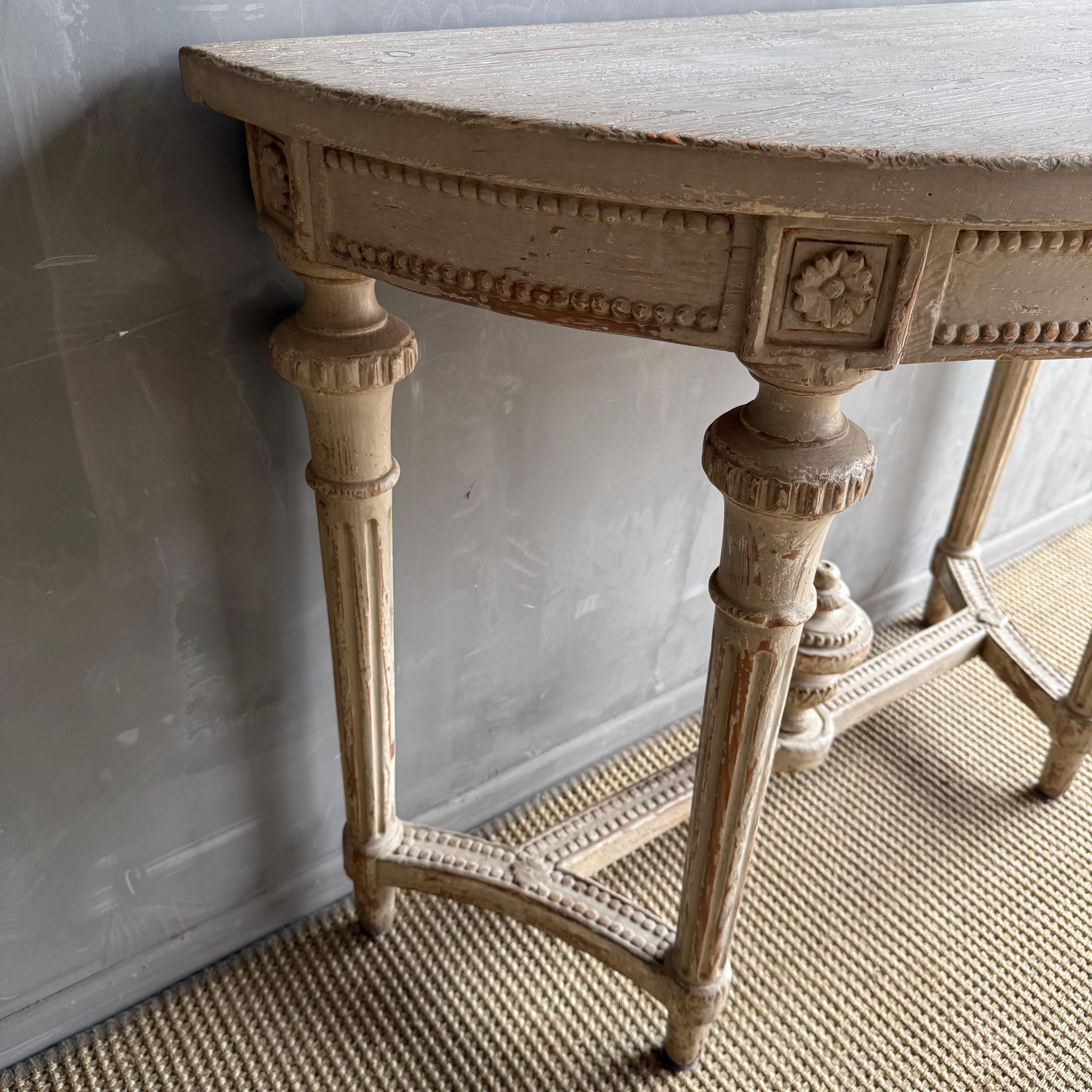 Vintage Style Demi Console With Carvings and Distressed Painted Finish For Sale 7