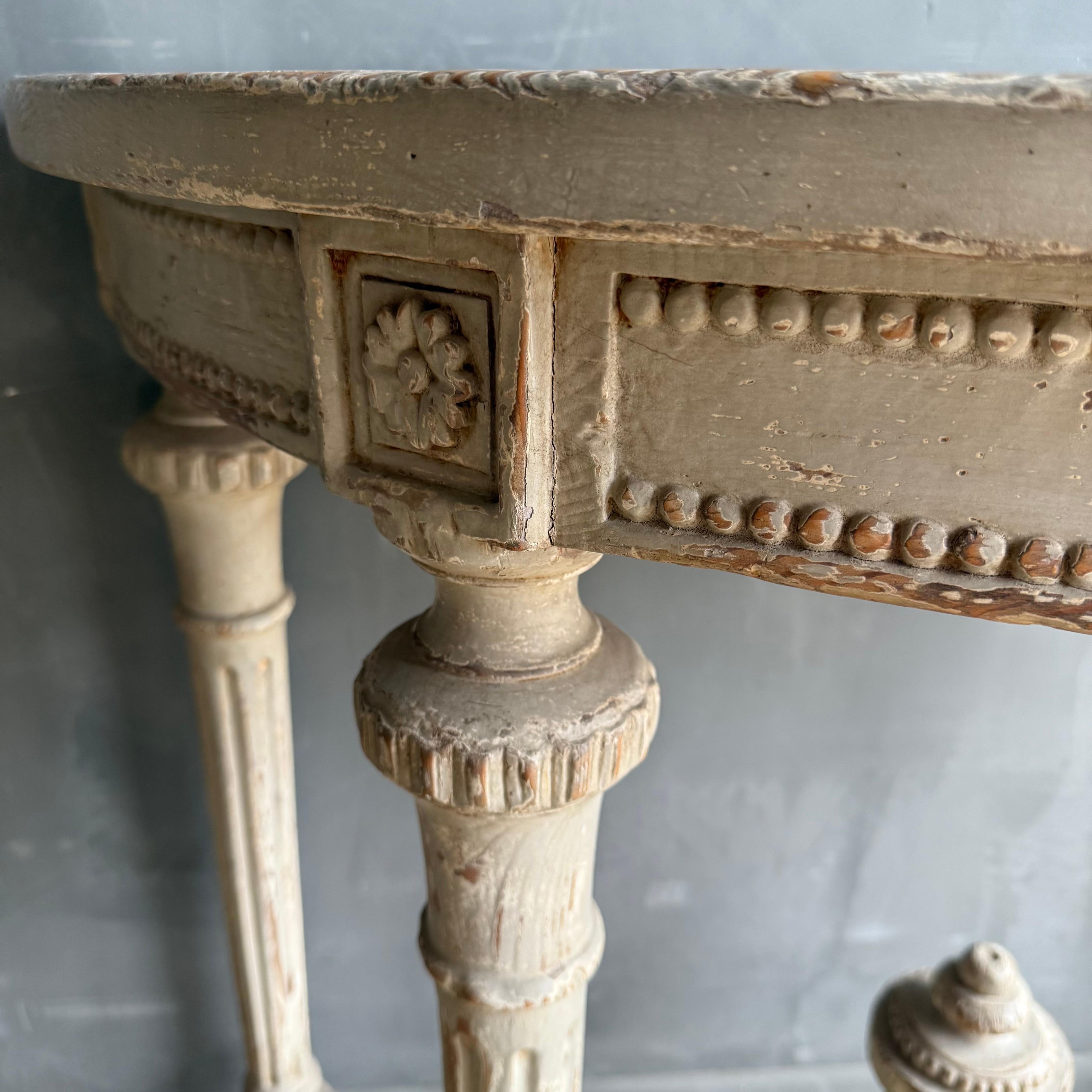 Vintage Style Demi Console With Carvings and Distressed Painted Finish For Sale 8