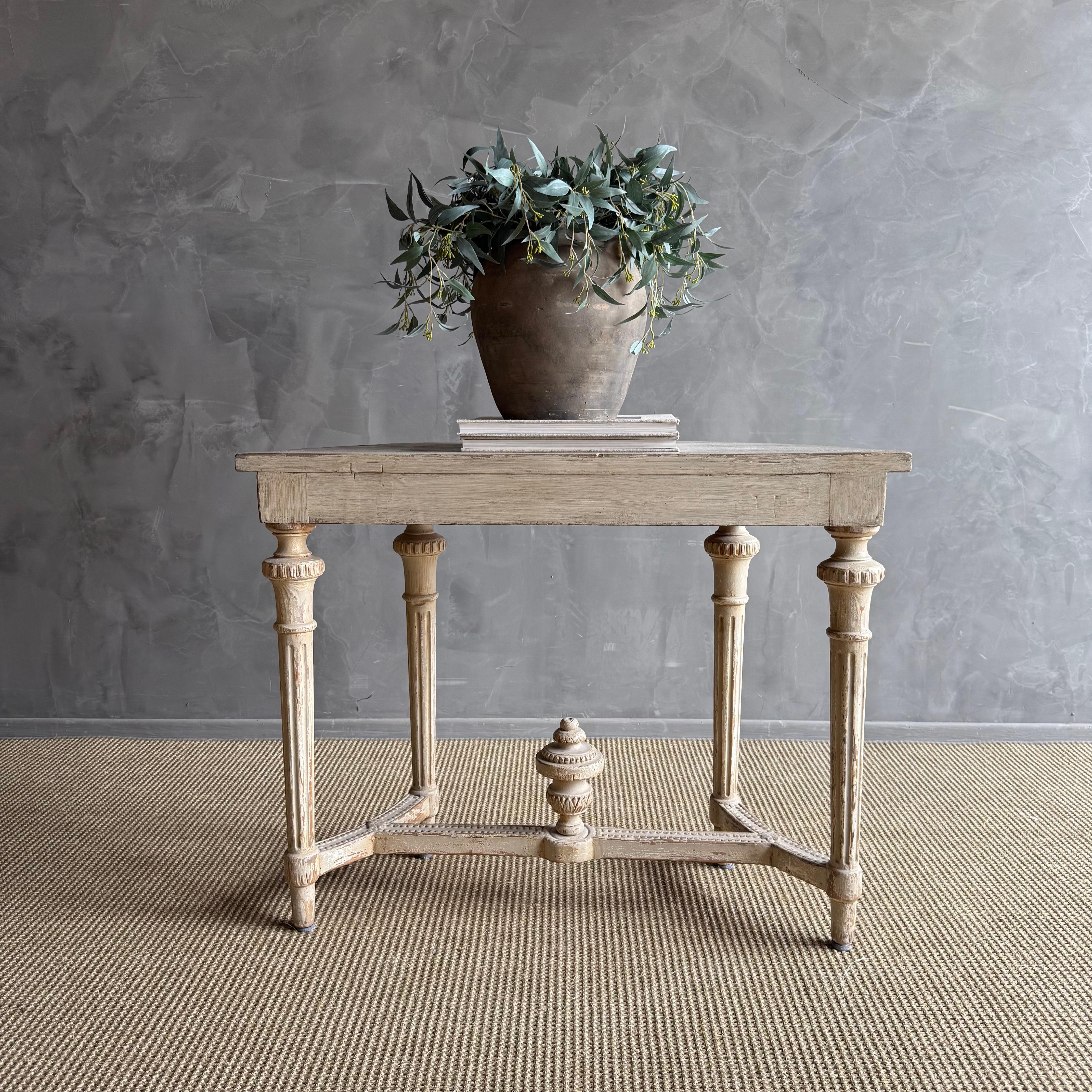 Reclaimed Wood Vintage Style Demi Console With Carvings and Distressed Painted Finish For Sale