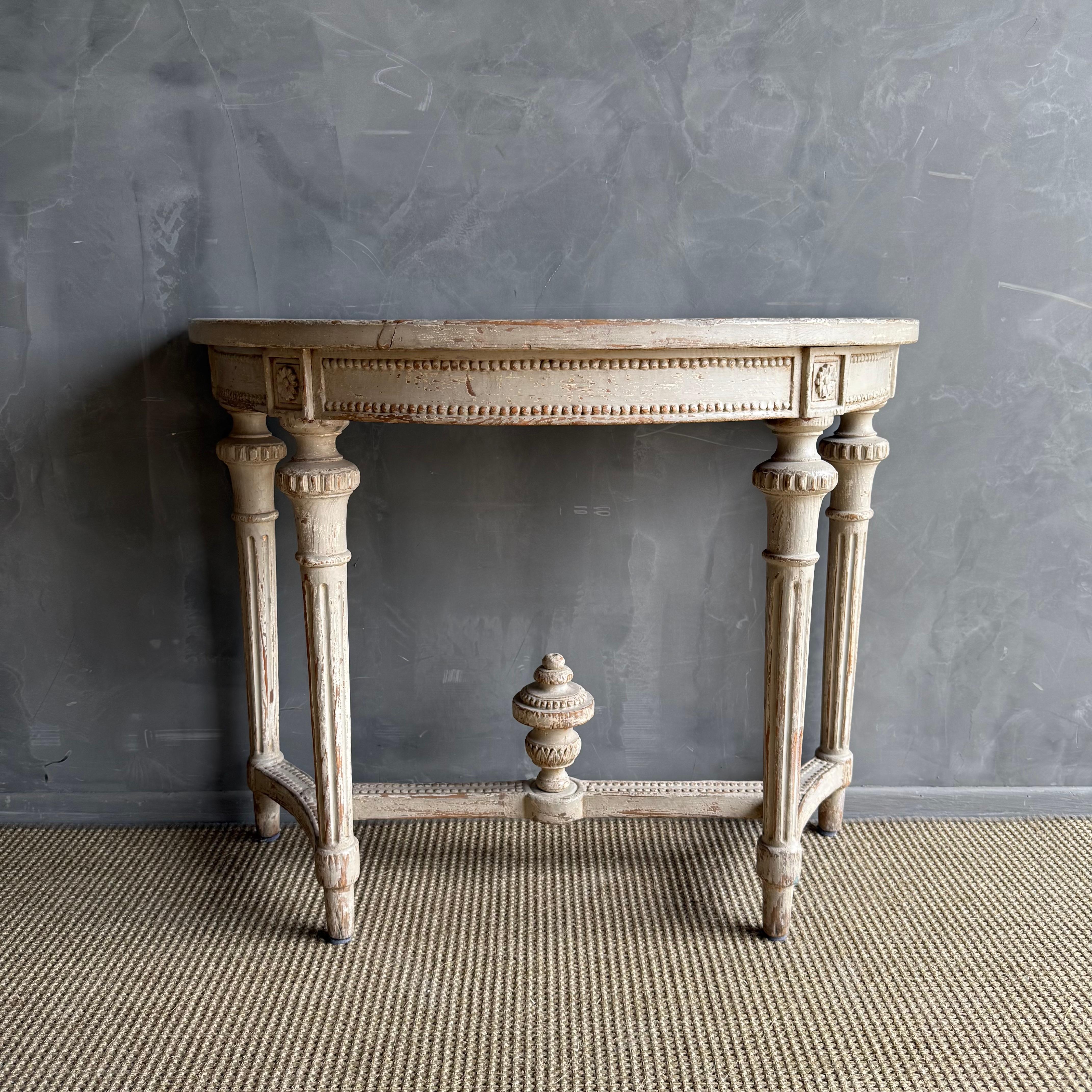 Vintage Style Demi Console With Carvings and Distressed Painted Finish For Sale 1