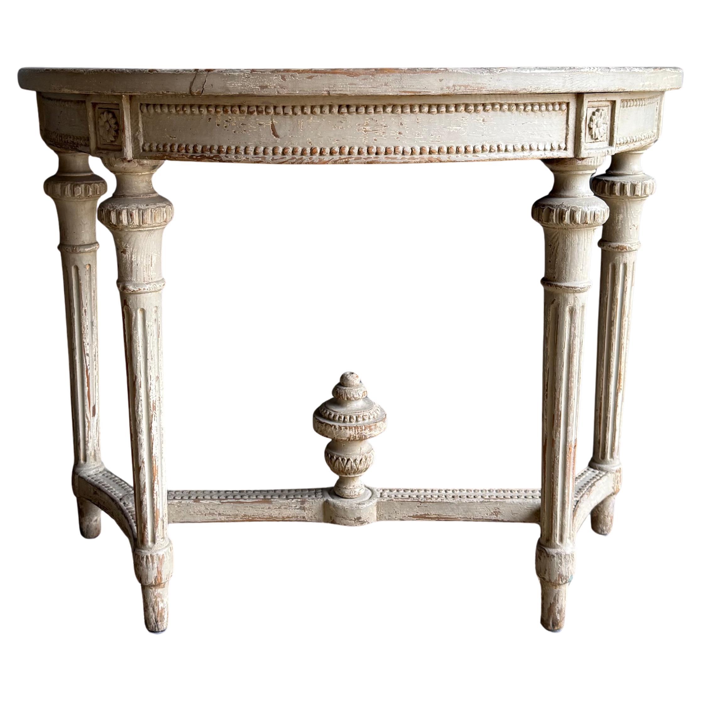 Vintage Style Demi Console With Carvings and Distressed Painted Finish For Sale