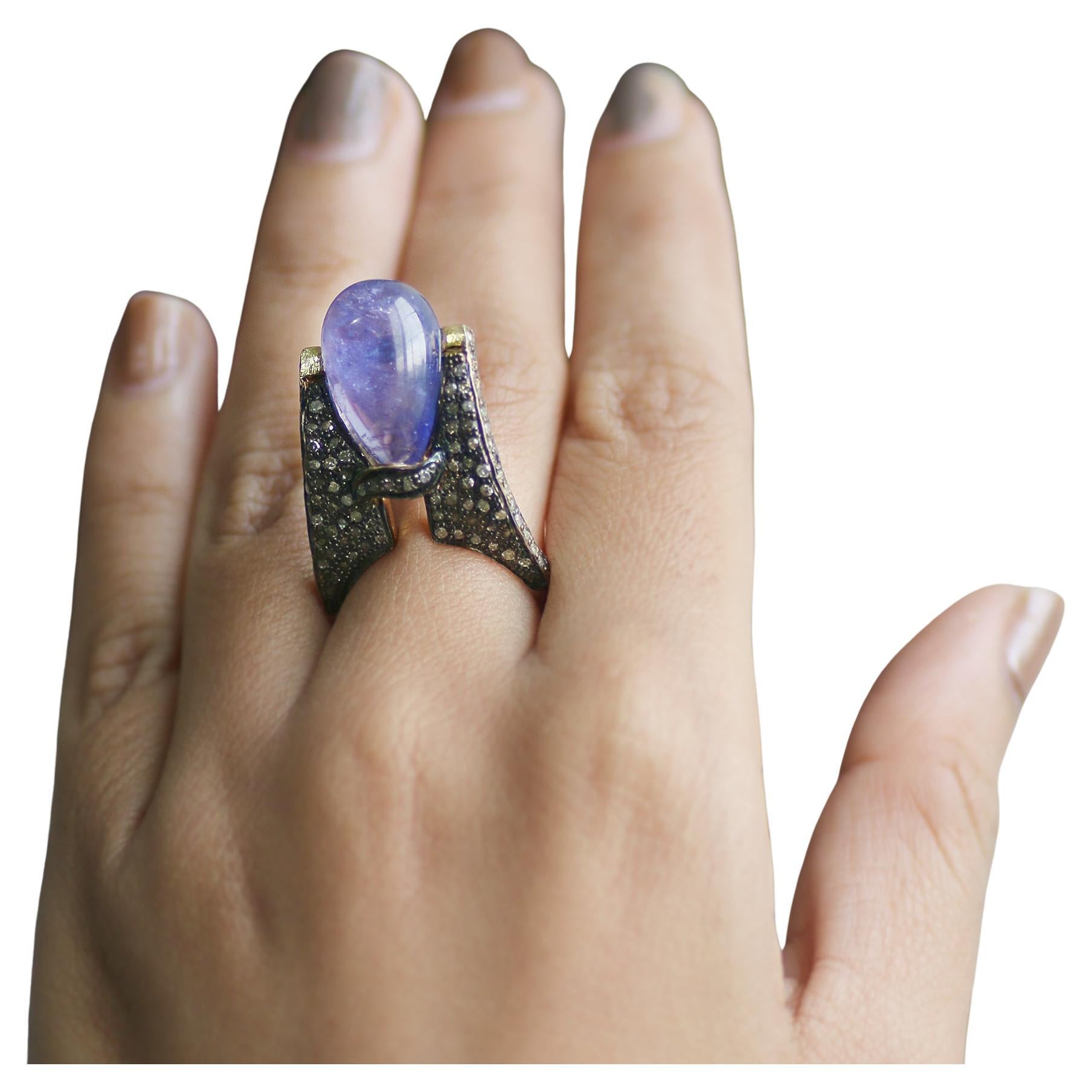 Bague de fiançailles de style vintage en argent sterling 925 avec tanzanite bleue et diamants - 6 en vente