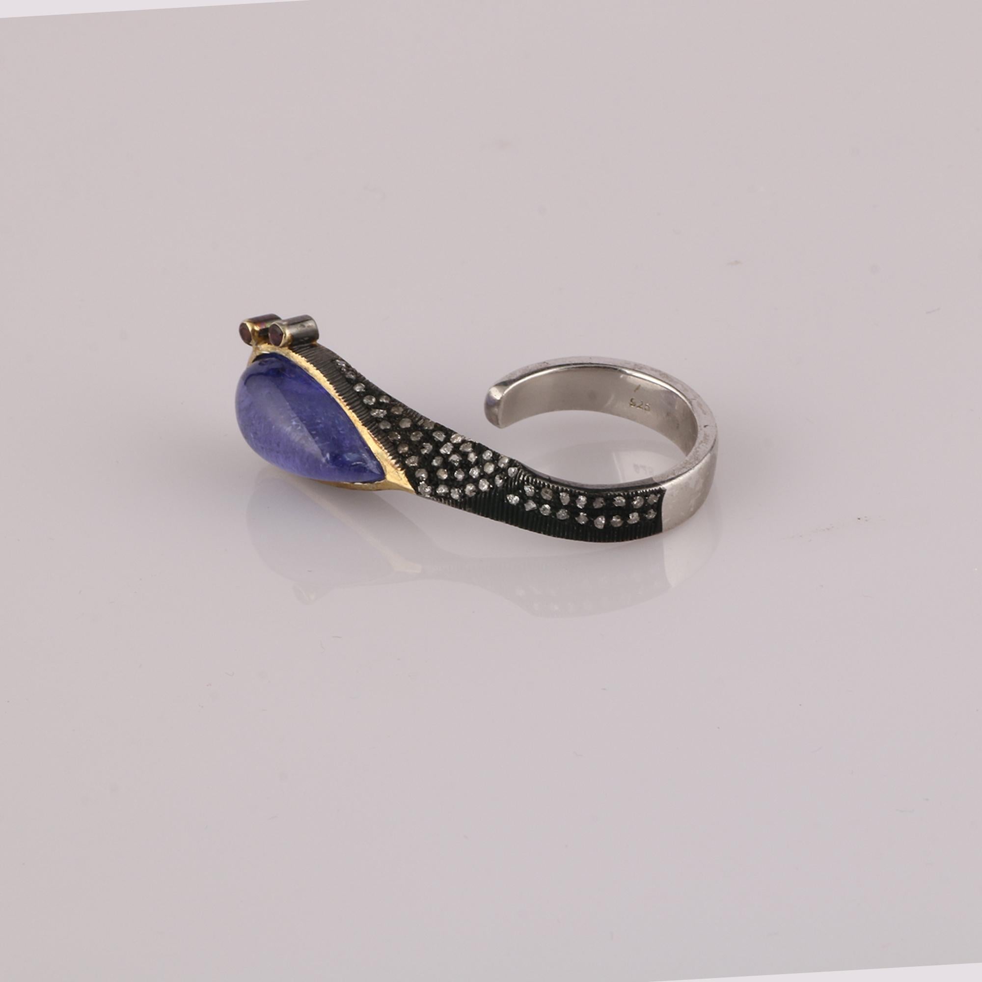 Round Cut Vintage Style Diamond 925 Sterling Silver Tanzanite Adjustable Cocktail Ring For Sale