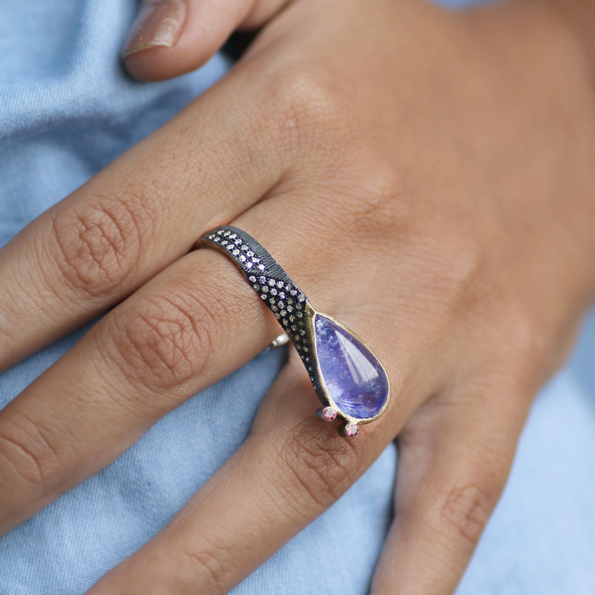 Vintage Style Diamond 925 Sterling Silver Tanzanite Adjustable Cocktail Ring In New Condition For Sale In Jaipur, RJ