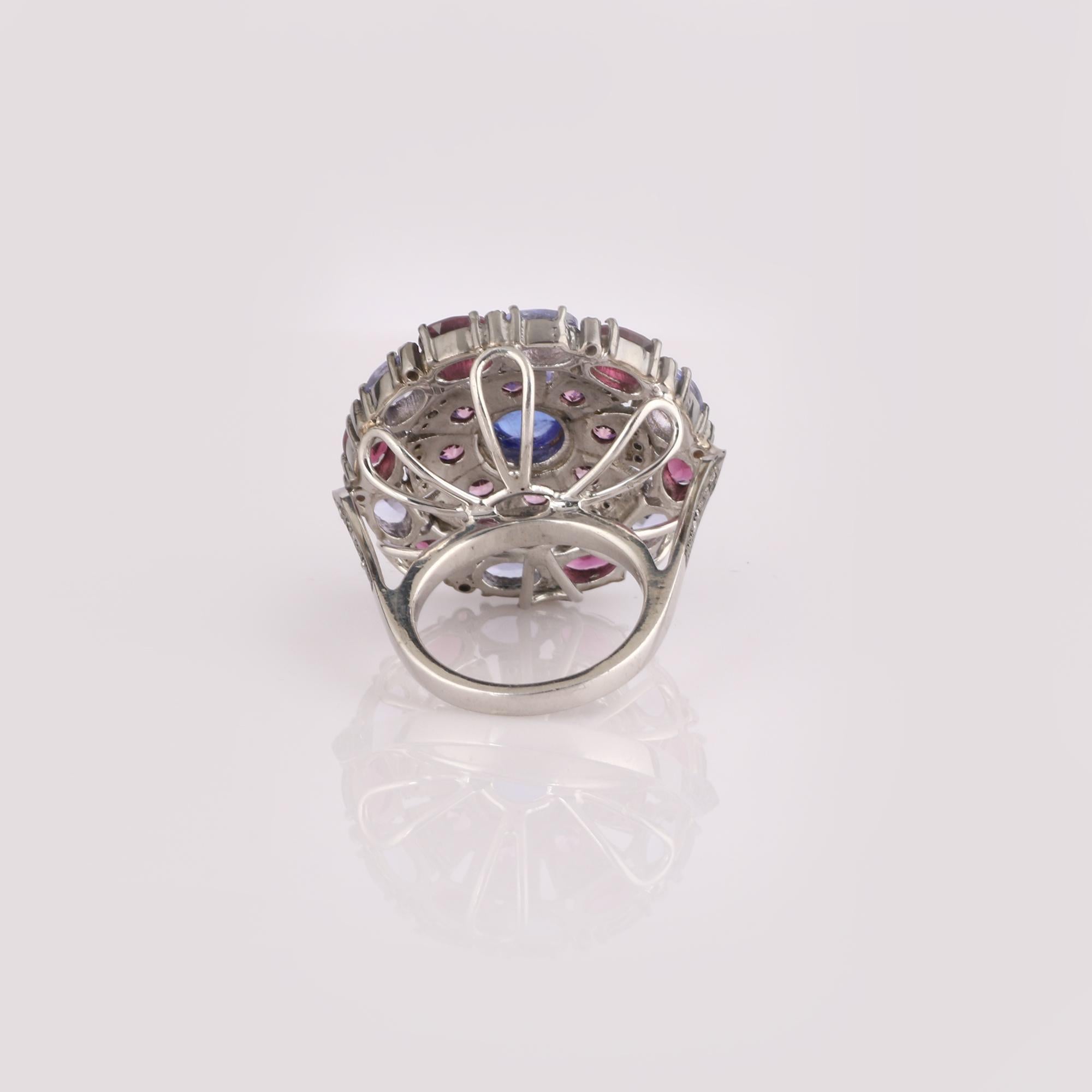 Victorian Vintage Style Diamond 925 Sterling Silver Tanzanite, Rubellite Cocktail Ring  For Sale