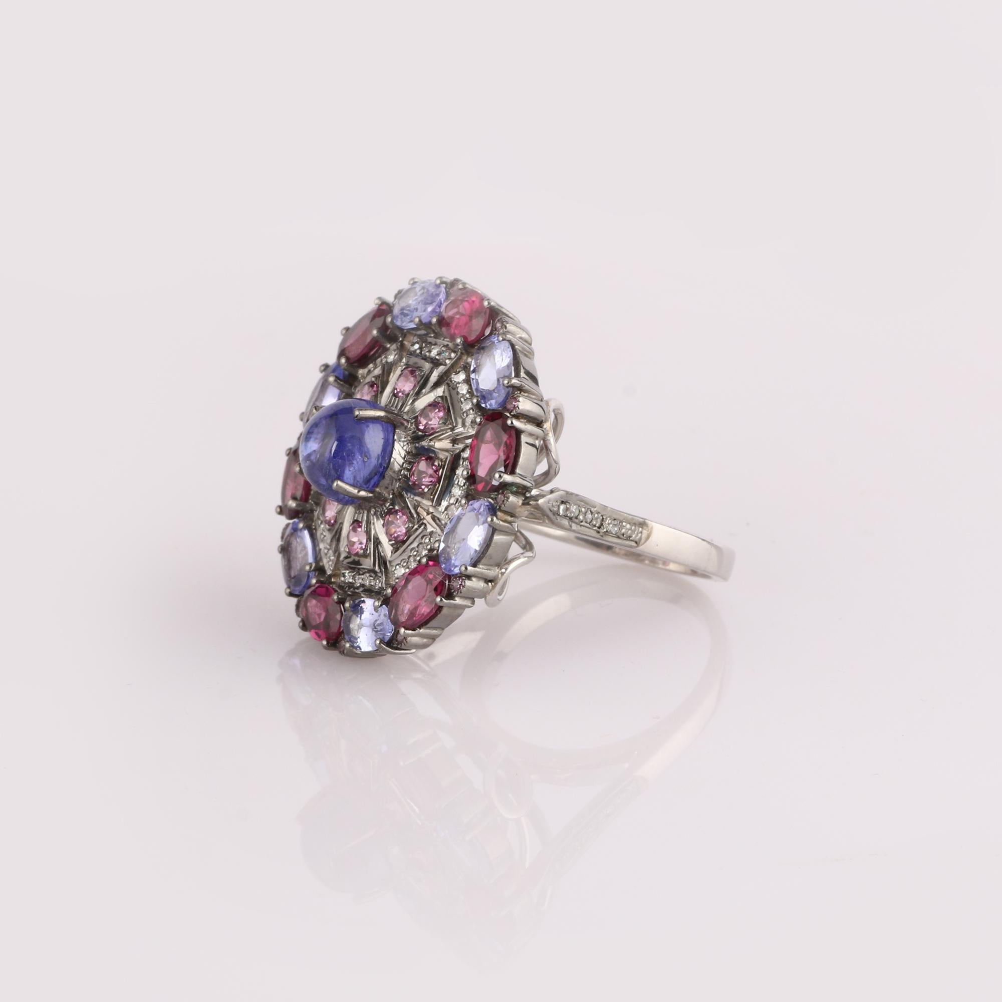 Round Cut Vintage Style Diamond 925 Sterling Silver Tanzanite, Rubellite Cocktail Ring  For Sale