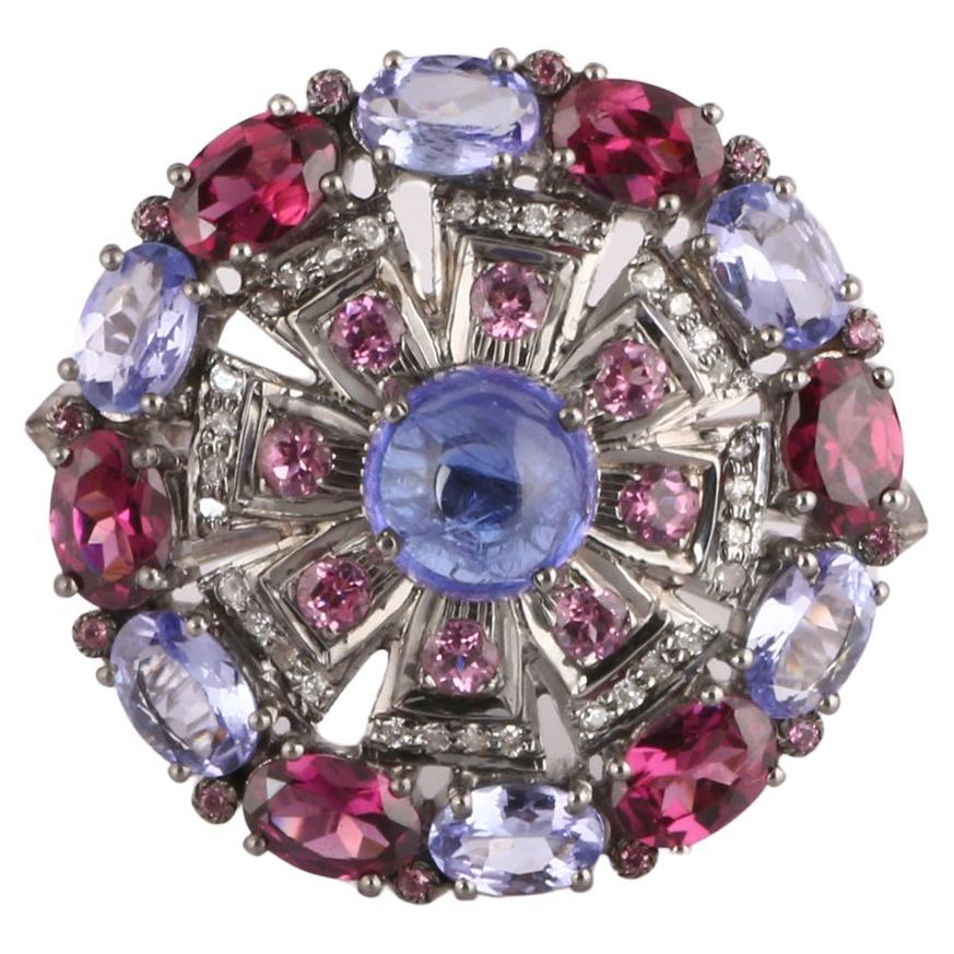 Vintage Style Diamond 925 Sterling Silver Tanzanite, Rubellite Cocktail Ring  For Sale