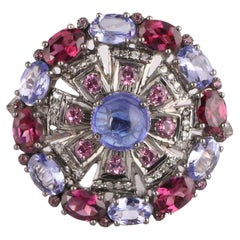 Vintage Style Diamond 925 Sterling Silver Tanzanite, Rubellite Cocktail Ring 